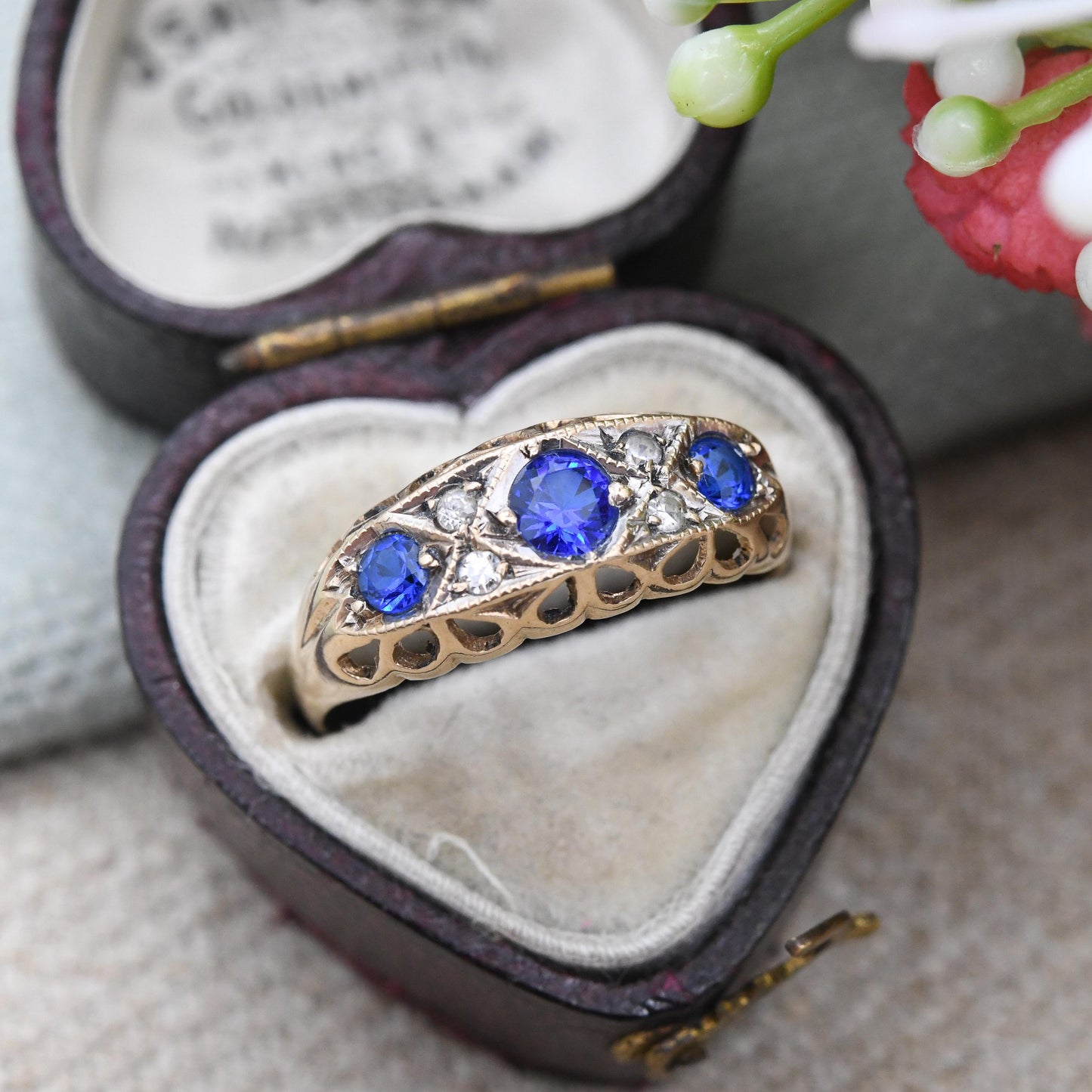 Antique 9ct Gold Sapphire Three Stone Boat Ring Edwardian CL&S Charles Lyster - Blue Stone Trilogy Ring | UK Size - O 1/2 | US Size - 7 1/4