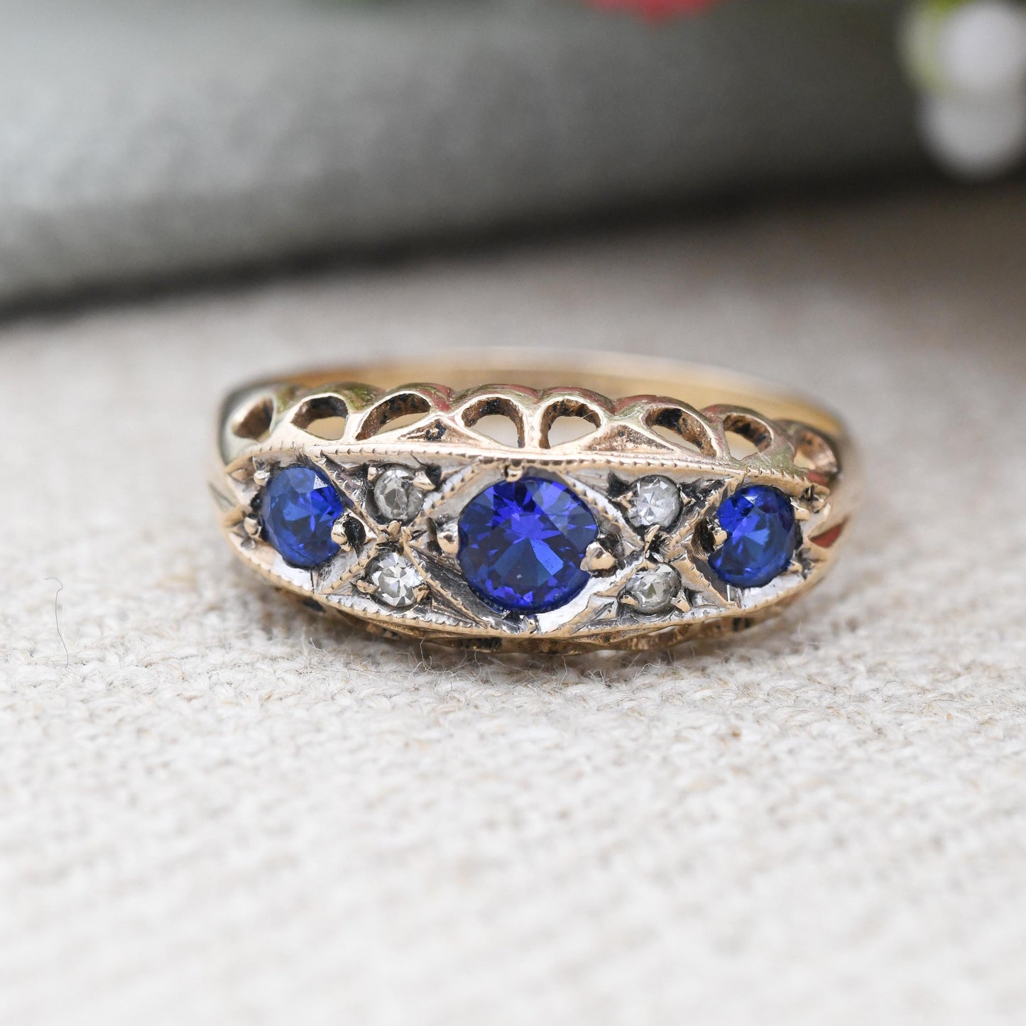 Antique 9ct Gold Sapphire Three Stone Boat Ring Edwardian CL&S Charles Lyster - Blue Stone Trilogy Ring | UK Size - O 1/2 | US Size - 7 1/4