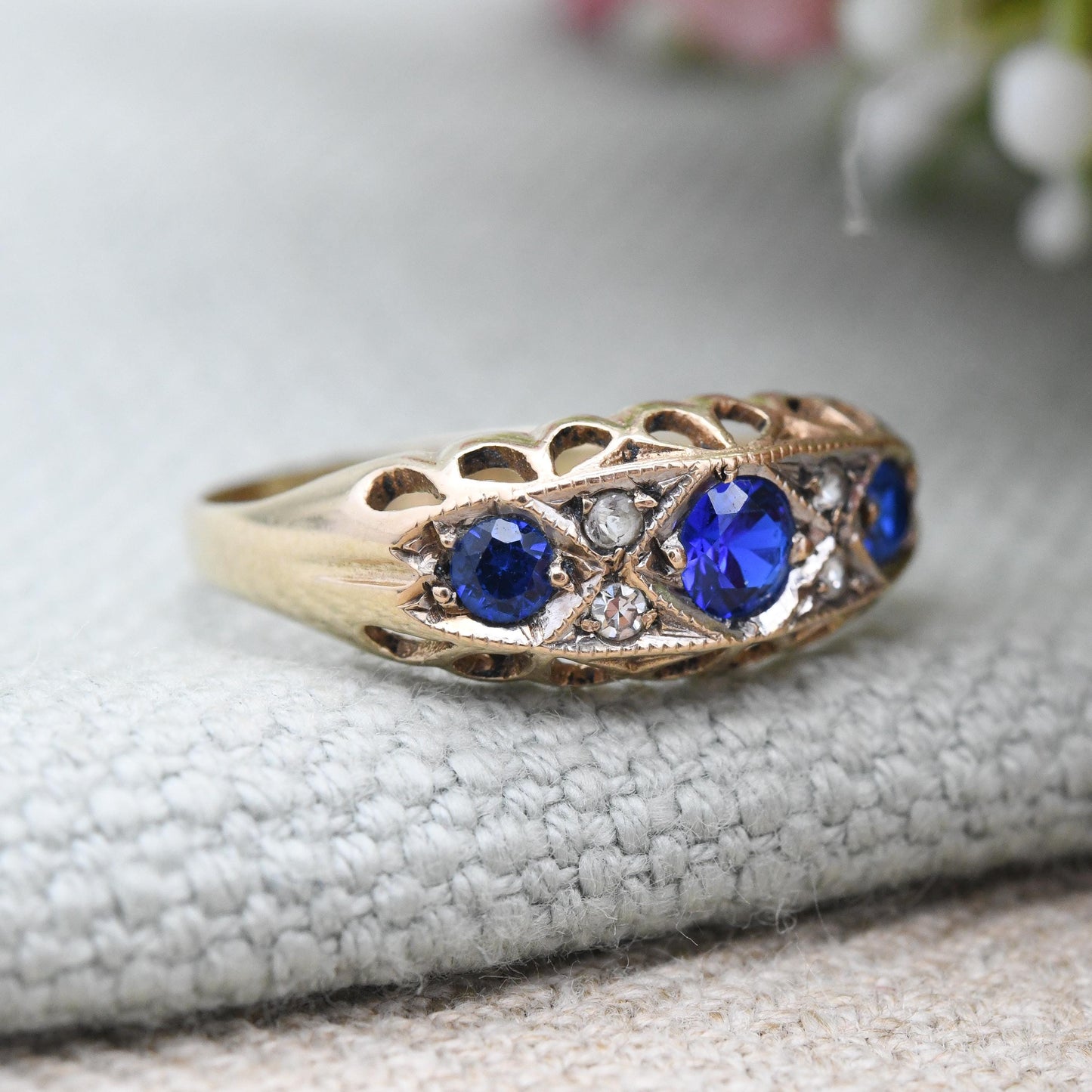 Antique 9ct Gold Sapphire Three Stone Boat Ring Edwardian CL&S Charles Lyster - Blue Stone Trilogy Ring | UK Size - O 1/2 | US Size - 7 1/4