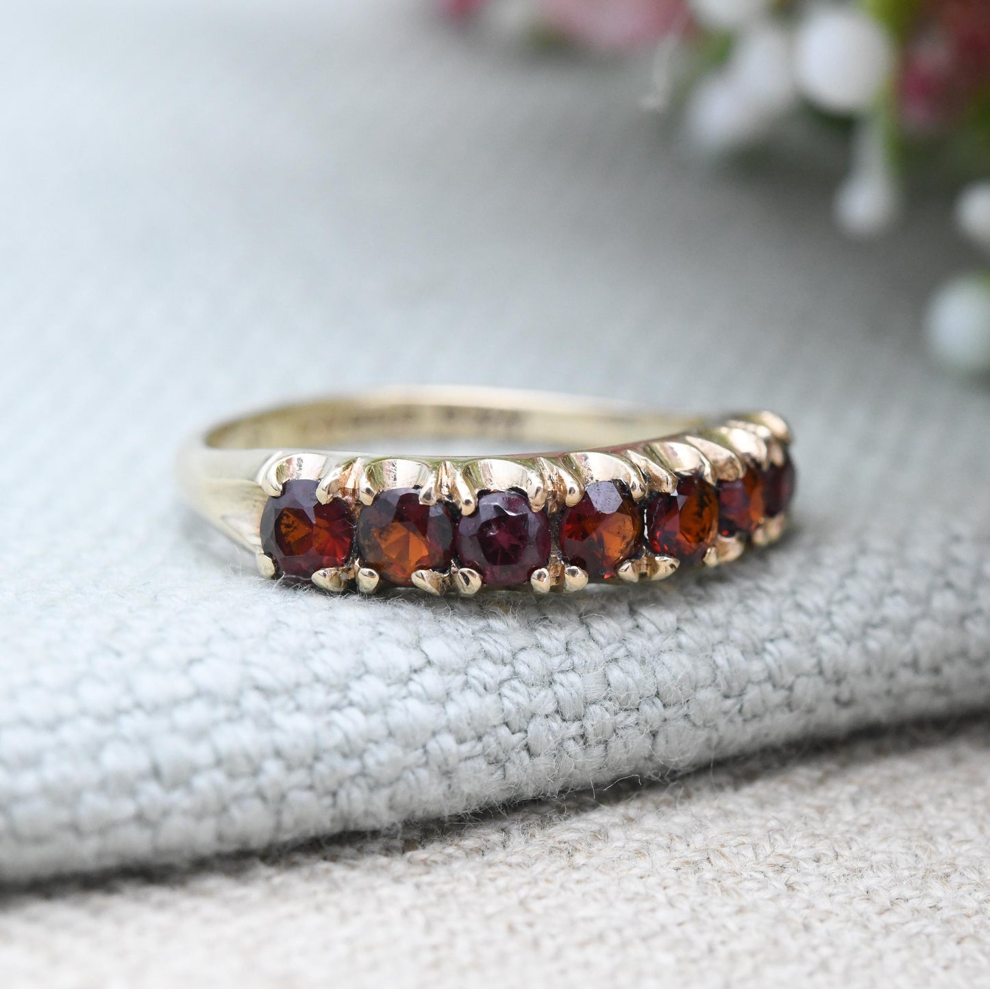 Vintage 9ct Gold Garnet Half Eternity Ring 1974 - Seven Stone Red Gemstone Band Ring January Birthstone | UK Size - O | US Size - 7