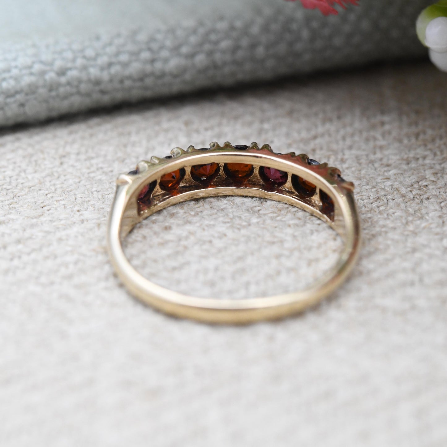 Vintage 9ct Gold Garnet Half Eternity Ring 1974 - Seven Stone Red Gemstone Band Ring January Birthstone | UK Size - O | US Size - 7