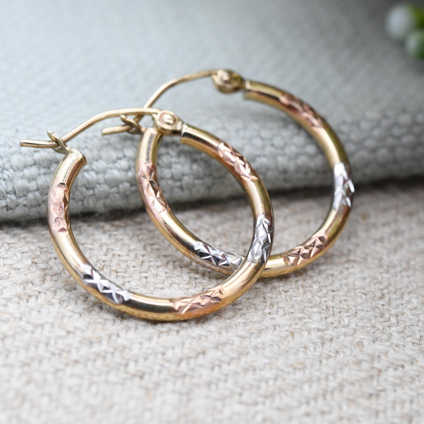 Vintage 9ct Gold Multi-Colour Hoop Earrings - Yellow Gold Rose Gold White Gold | X Design Hollow Circle Hoops | Everyday Round Latch Back