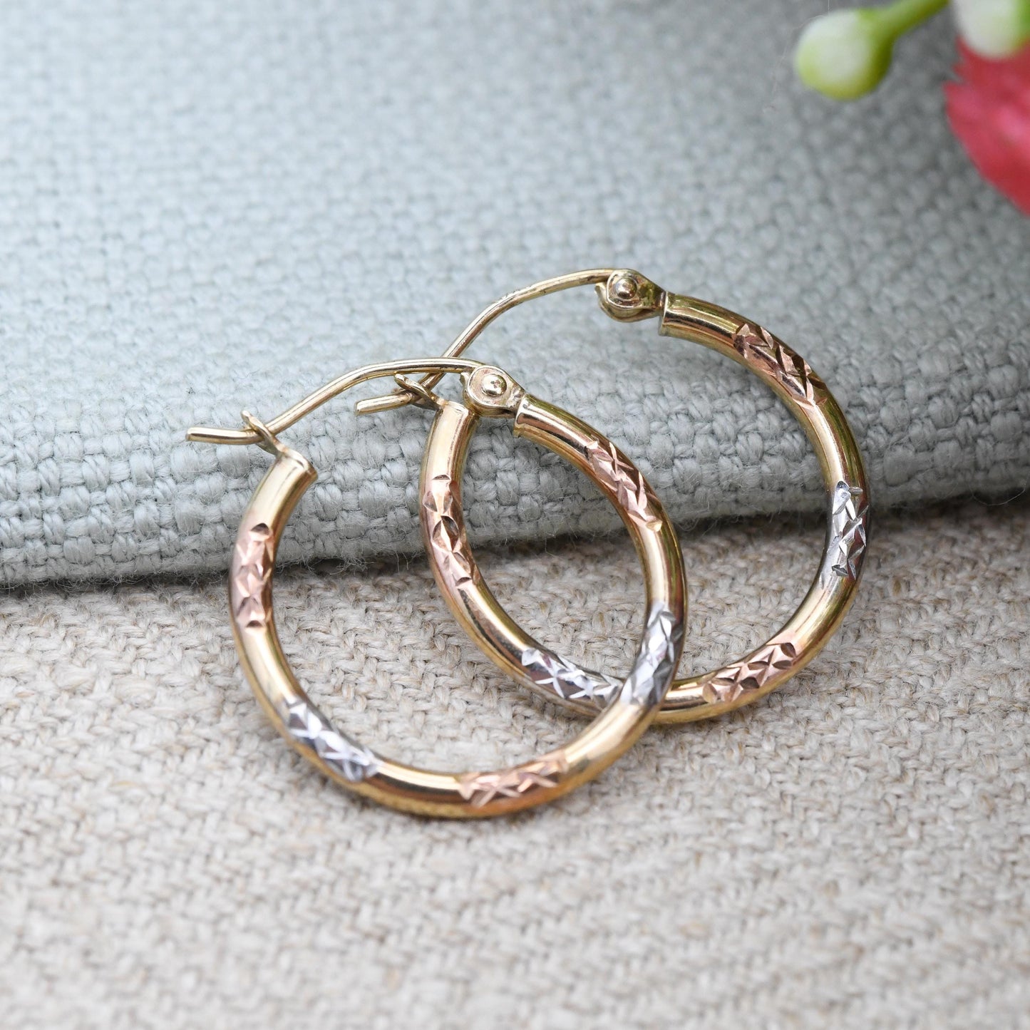 Vintage 9ct Gold Multi-Colour Hoop Earrings - Yellow Gold Rose Gold White Gold | X Design Hollow Circle Hoops | Everyday Round Latch Back