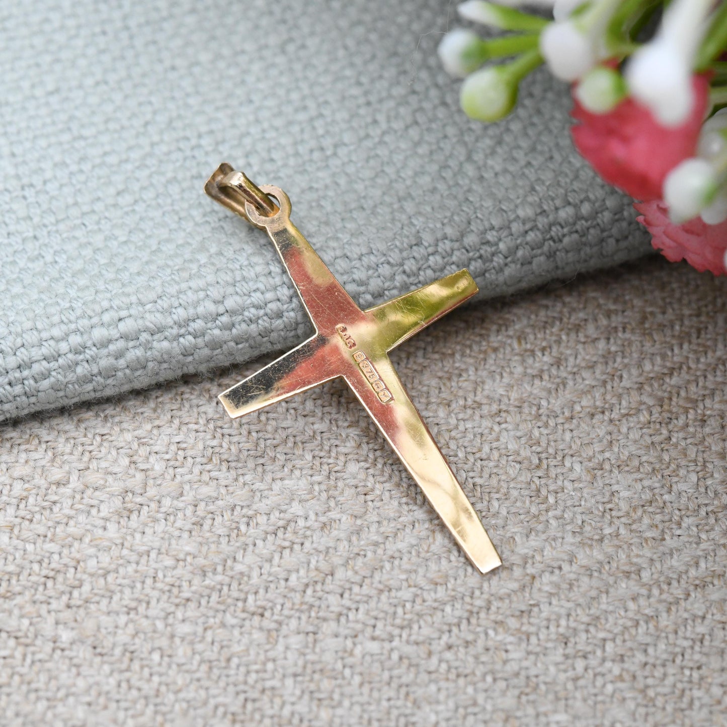 Vintage 9ct Gold Cross Pendant 1973 - Mid-Century Textured Yellow Gold Jewellery Christian Religious Necklace Gift Christening Baptism