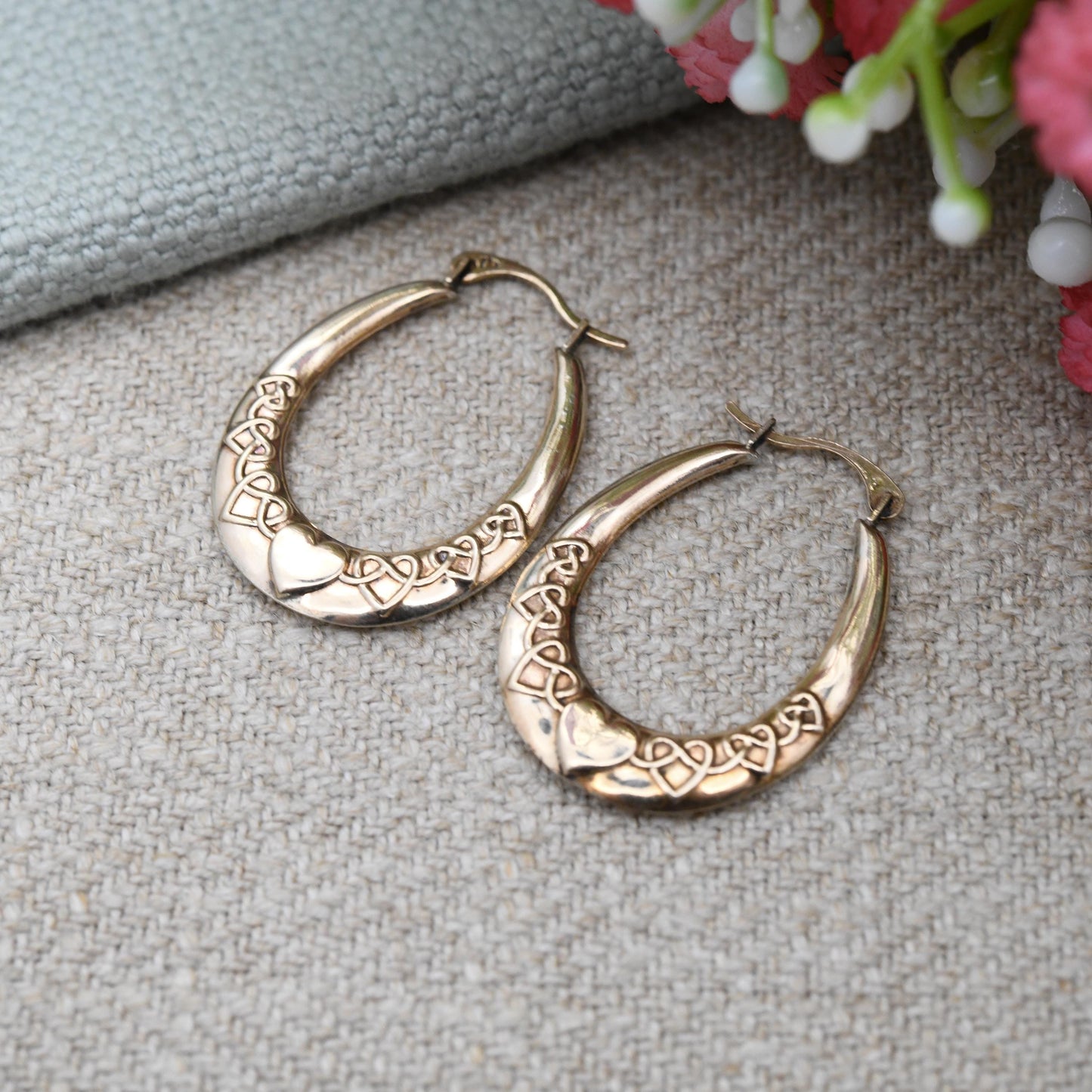 Vintage 9ct Gold Hoop Earrings Celtic Knot Heart Design - Large Hollow Hoops | Oval Shape | Pretty Yellow Gold Jewellery Gift for Her