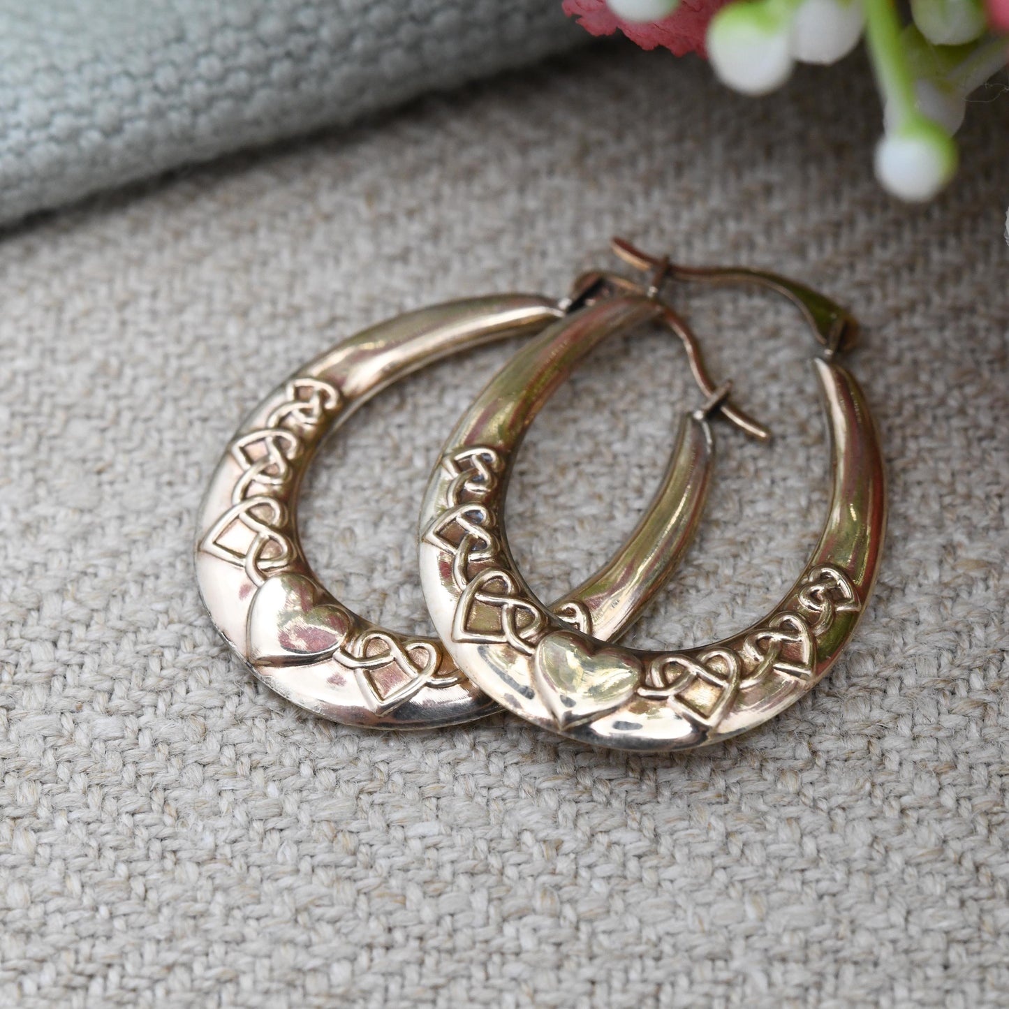 Vintage 9ct Gold Hoop Earrings Celtic Knot Heart Design - Large Hollow Hoops | Oval Shape | Pretty Yellow Gold Jewellery Gift for Her
