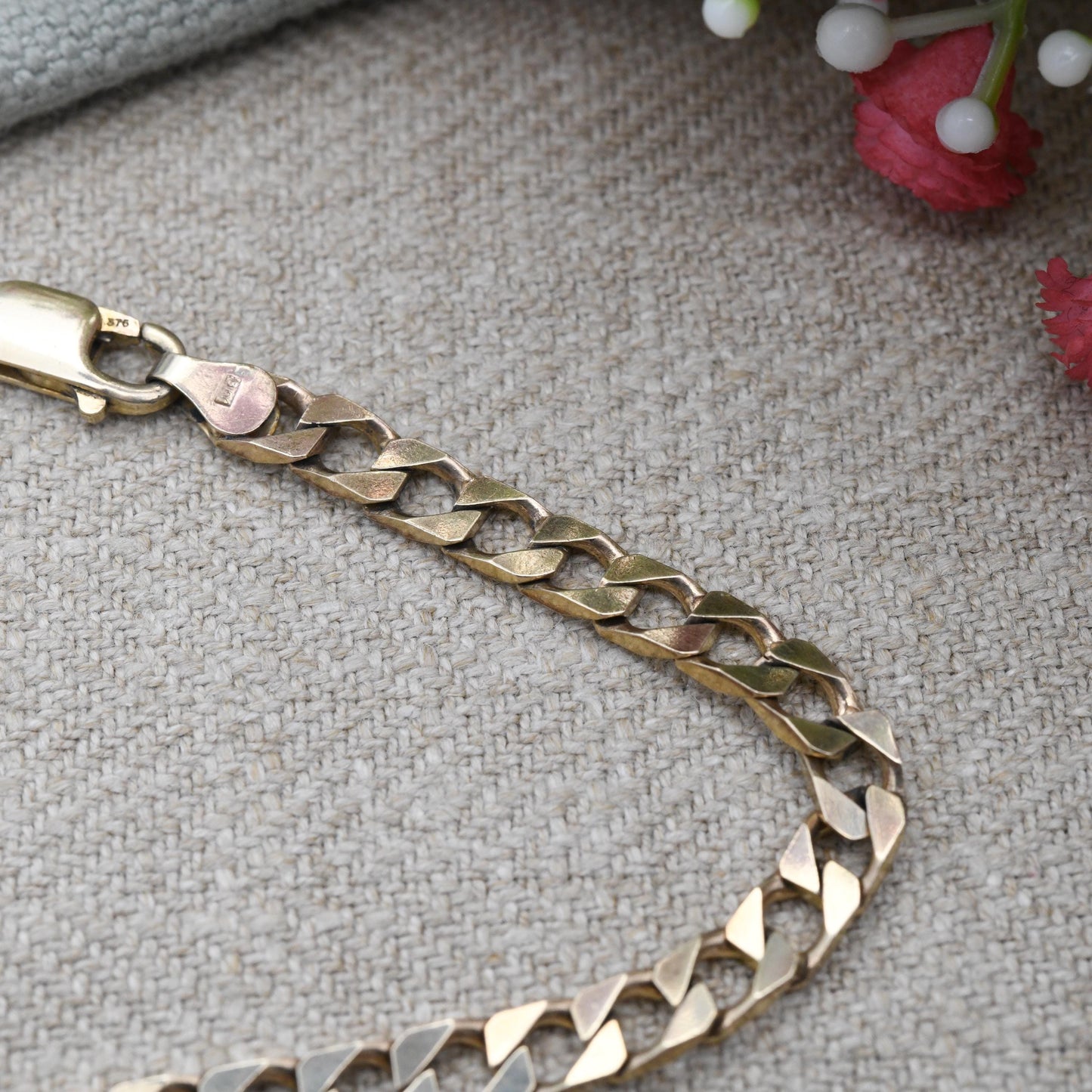 Vintage 9ct Gold Square Curb Link Chain Bracelet 1993 - Solid Yellow Gold Jewellery Gift for Him | Flat Link Everyday Bracelet | 22cm Long