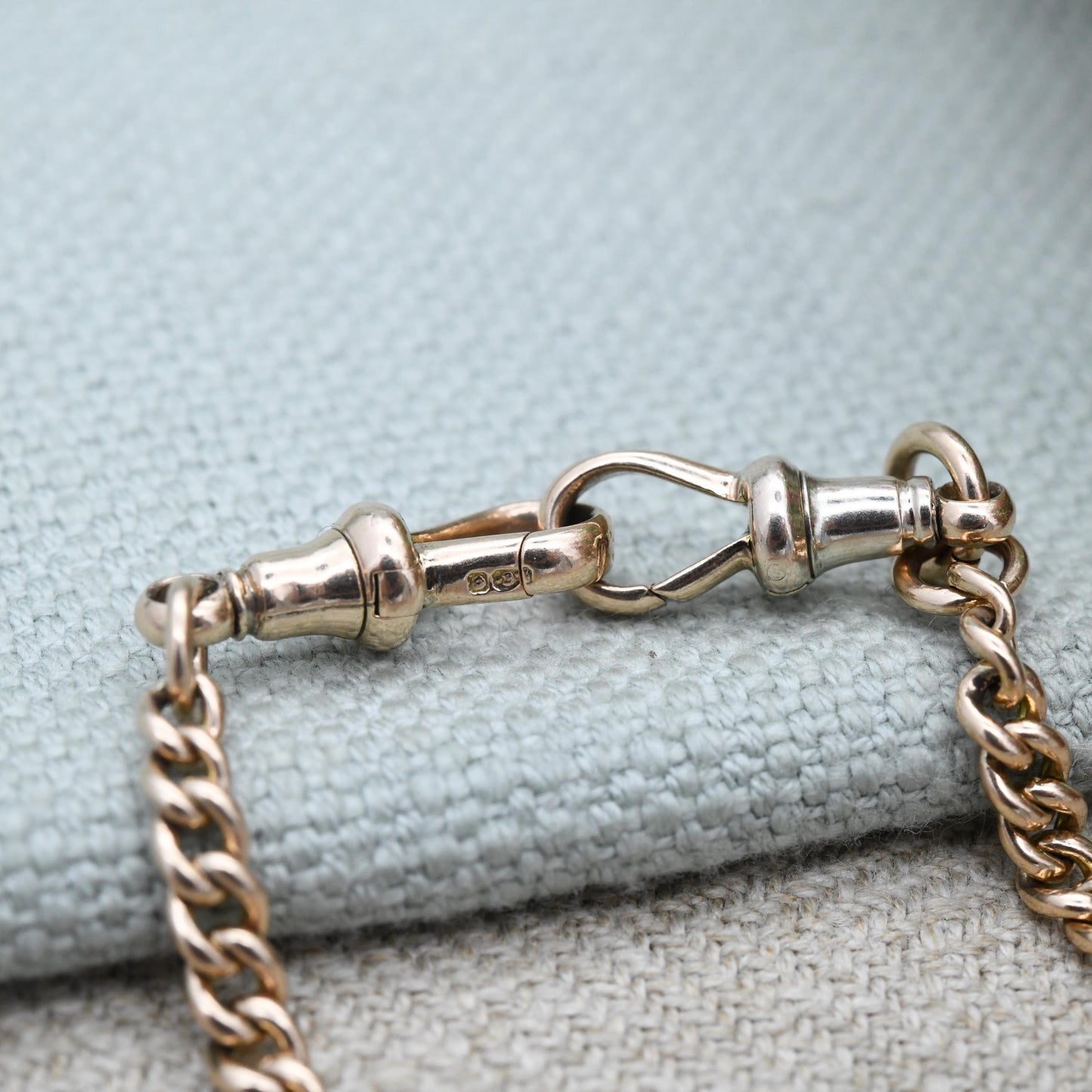 Antique 9ct Gold Watch Chain Necklace 1904 Double Albert with T-Bar and Dog Clips - Chester Edwardian Rose Gold Chunky Solid Chain 15" 38cm