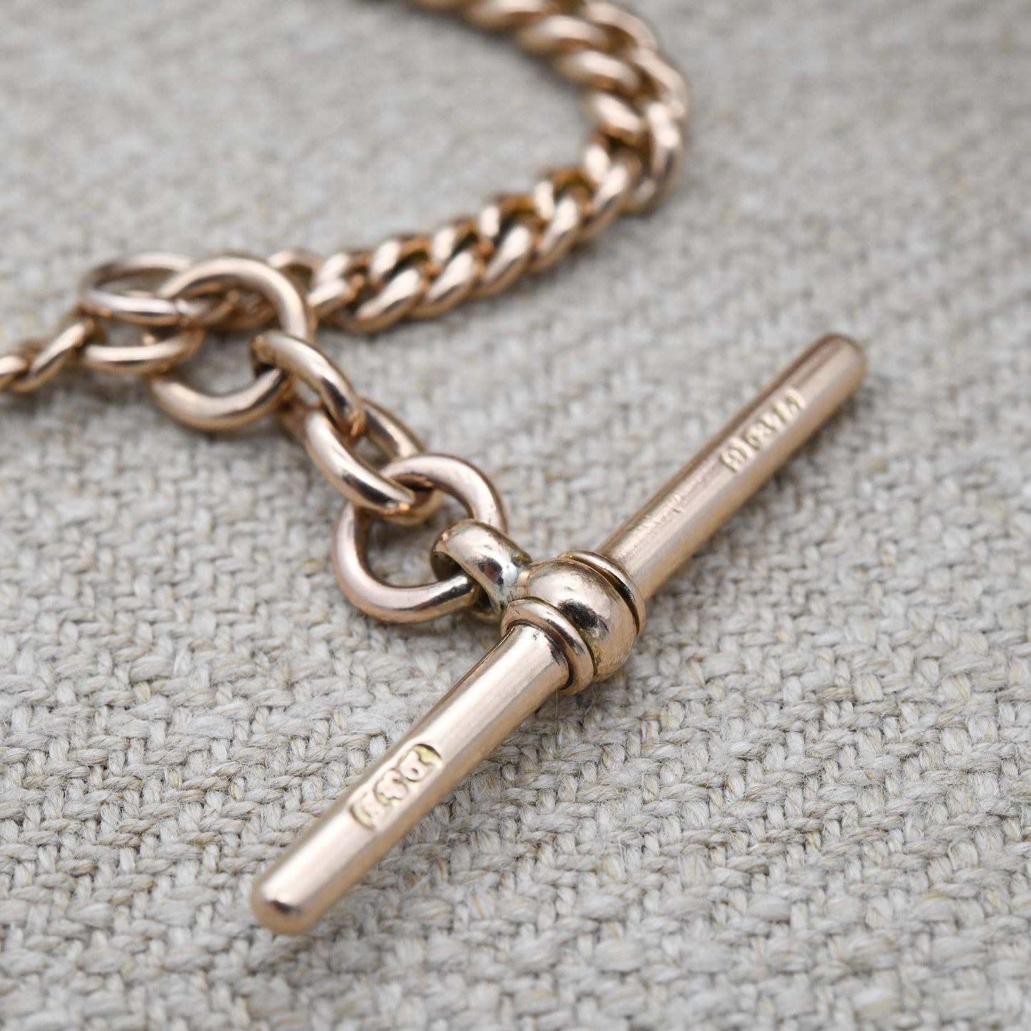 Antique 9ct Gold Watch Chain Necklace 1904 Double Albert with T-Bar and Dog Clips - Chester Edwardian Rose Gold Chunky Solid Chain 15" 38cm