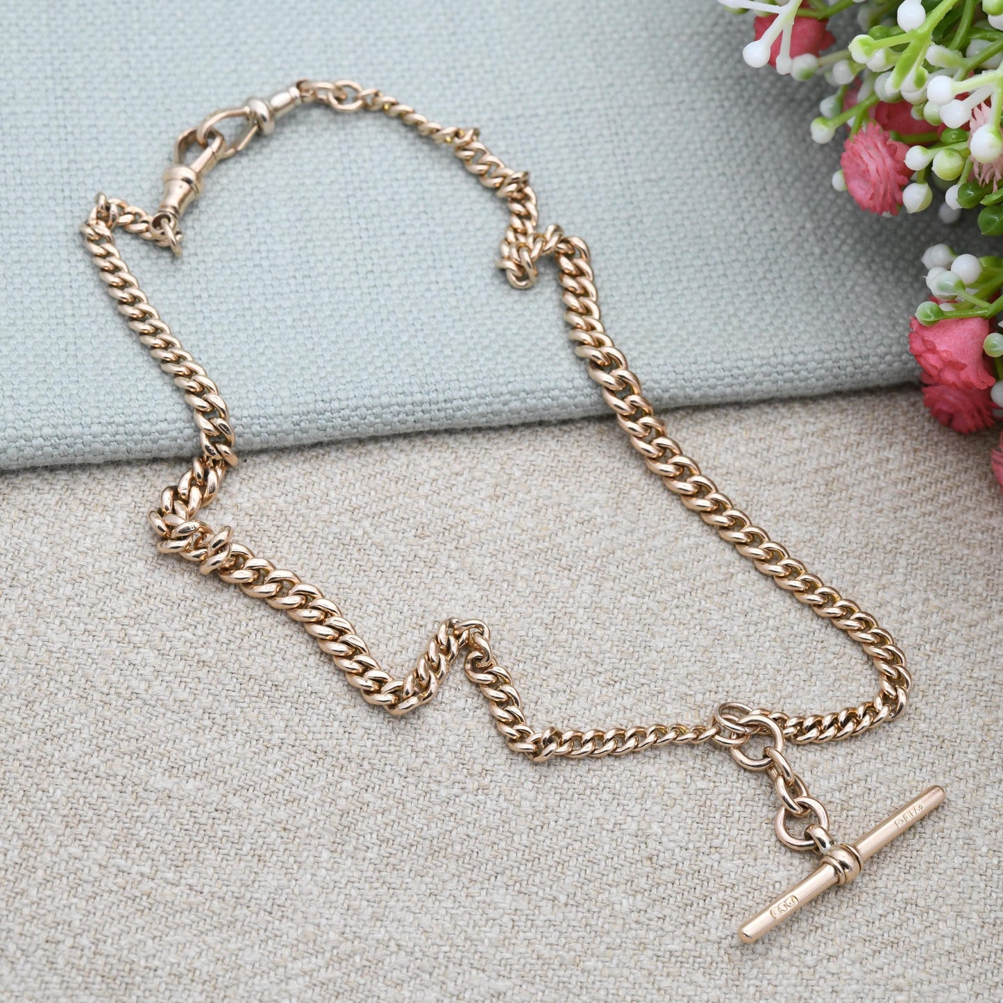 Antique 9ct Gold Watch Chain Necklace 1904 Double Albert with T-Bar and Dog Clips - Chester Edwardian Rose Gold Chunky Solid Chain 15" 38cm
