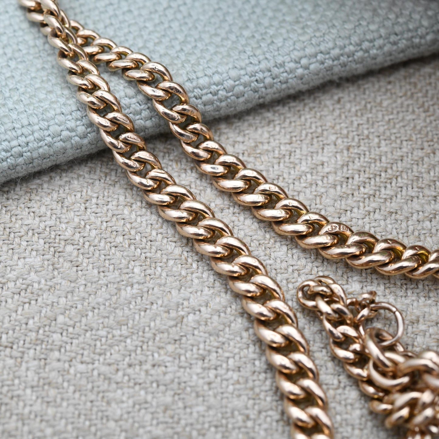 Antique 9ct Gold Watch Chain Necklace 1904 Double Albert with T-Bar and Dog Clips - Chester Edwardian Rose Gold Chunky Solid Chain 15" 38cm