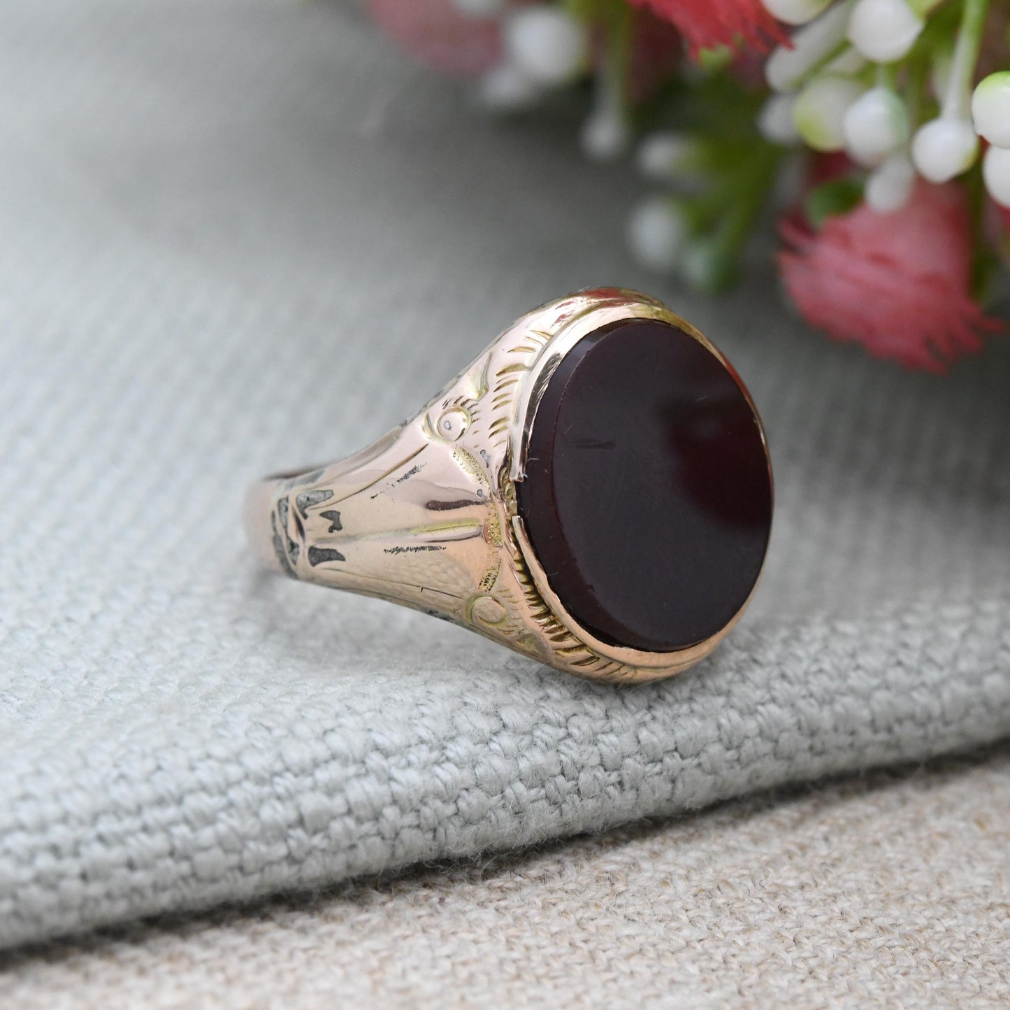 Antique Carnelian Signet Ring with 9ct Gold Shank Engraved - Unisex Chunky Jewellery Gemstone Heritage Jewellery | UK Size - S | US Size - 9