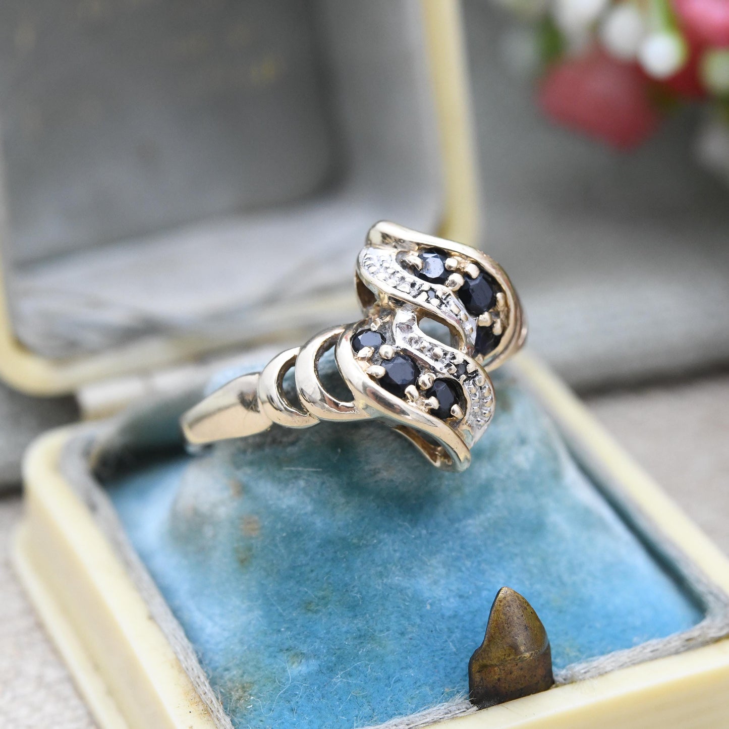 Vintage 9ct Gold Sapphire and Diamond Bypass Style Twist Ring - Abstract Swirl Ring c. 1980 Statement Cocktail | UK Size - N 1/2 US Size - 7