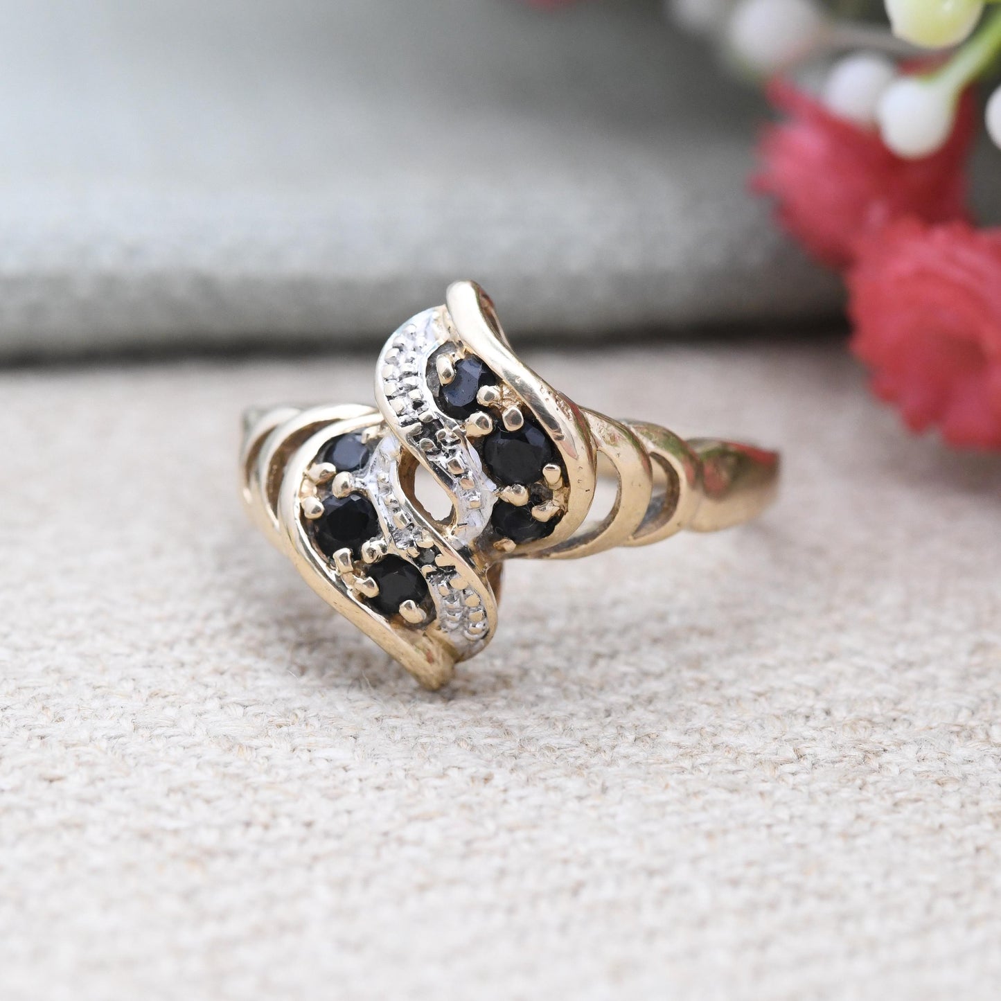 Vintage 9ct Gold Sapphire and Diamond Bypass Style Twist Ring - Abstract Swirl Ring c. 1980 Statement Cocktail | UK Size - N 1/2 US Size - 7