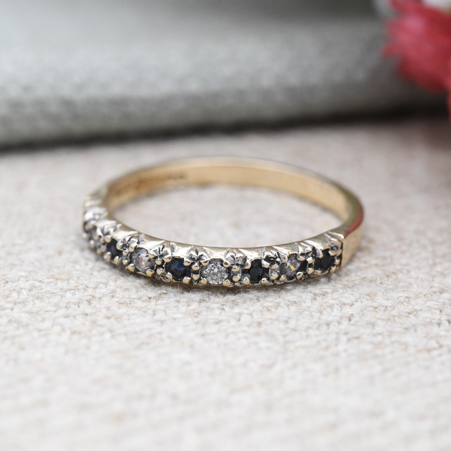 Vintage 9ct Gold Sapphire and CZ Half Eternity Ring 1984 - Alternate Blue White Gem Stacking Ring | UK Size - M | US Size - 6 1/4