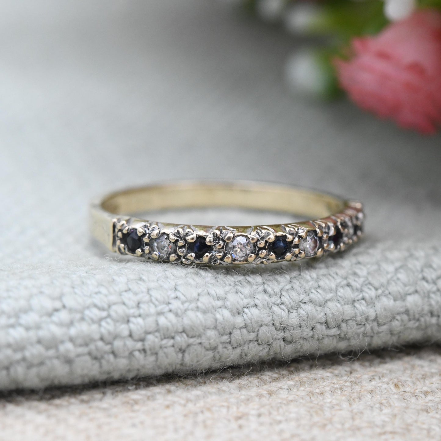 Vintage 9ct Gold Sapphire and CZ Half Eternity Ring 1984 - Alternate Blue White Gem Stacking Ring | UK Size - M | US Size - 6 1/4
