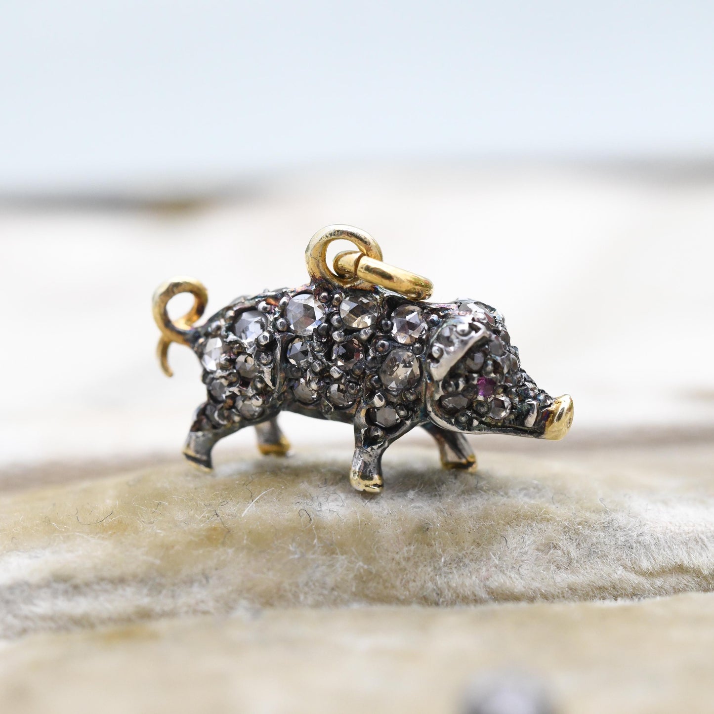 Antique Victorian Diamond and Ruby Pig Pendant Silver and Gold - Rose Cut Diamonds Ruby Eyes Animal Lucky Pig Charm Necklace Stack Gift