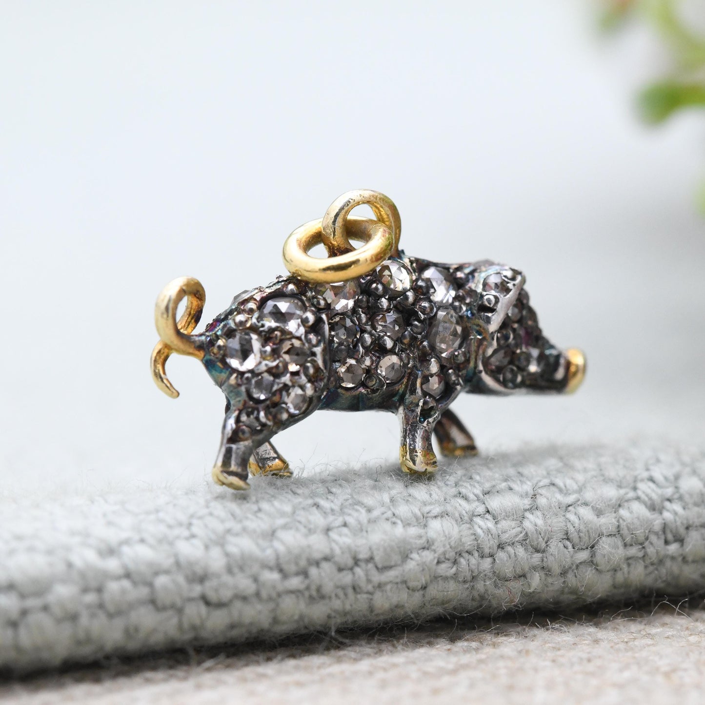 Antique Victorian Diamond and Ruby Pig Pendant Silver and Gold - Rose Cut Diamonds Ruby Eyes Animal Lucky Pig Charm Necklace Stack Gift