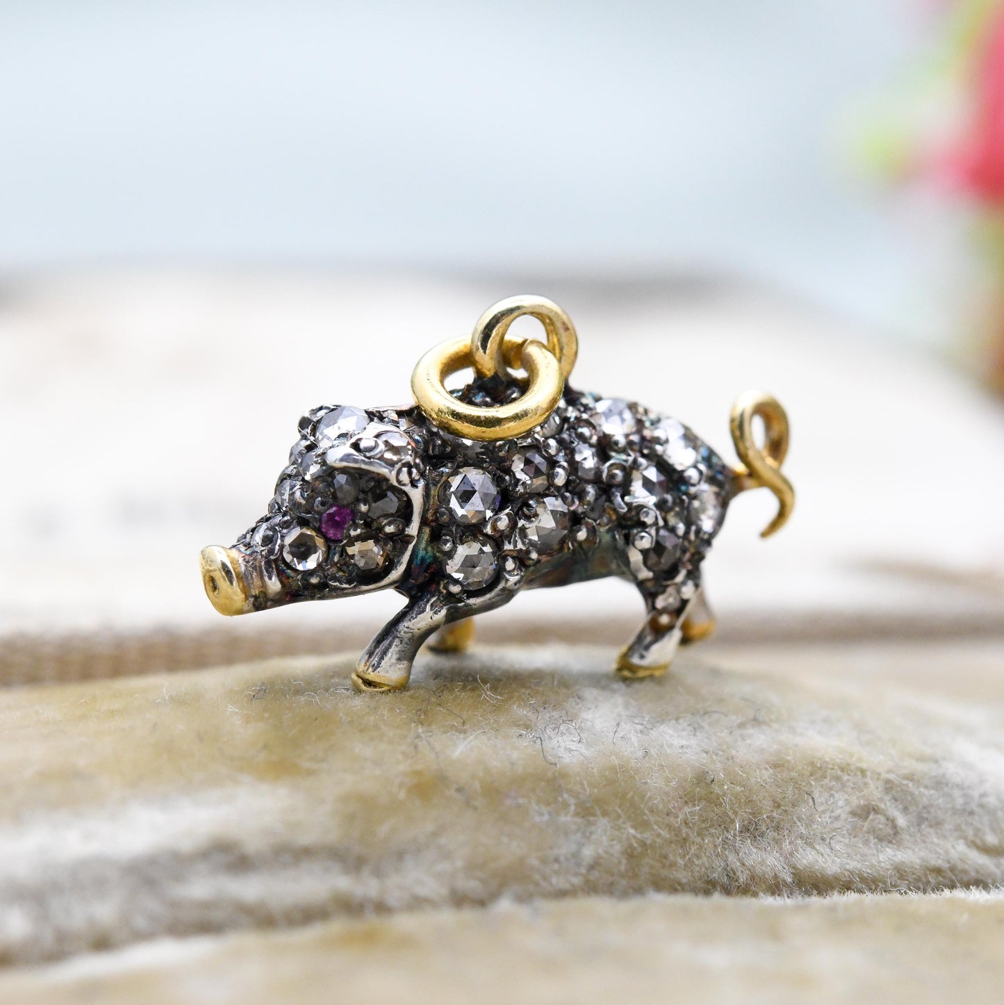 Antique Victorian Diamond and Ruby Pig Pendant Silver and Gold - Rose Cut Diamonds Ruby Eyes Animal Lucky Pig Charm Necklace Stack Gift
