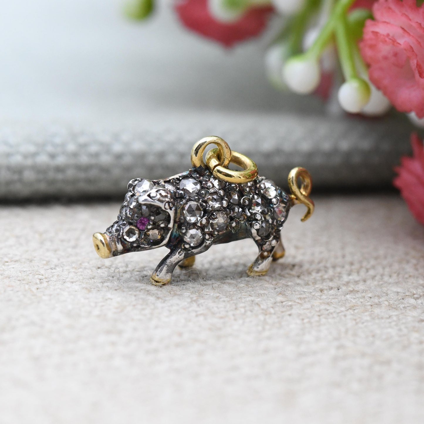 Antique Victorian Diamond and Ruby Pig Pendant Silver and Gold - Rose Cut Diamonds Ruby Eyes Animal Lucky Pig Charm Necklace Stack Gift