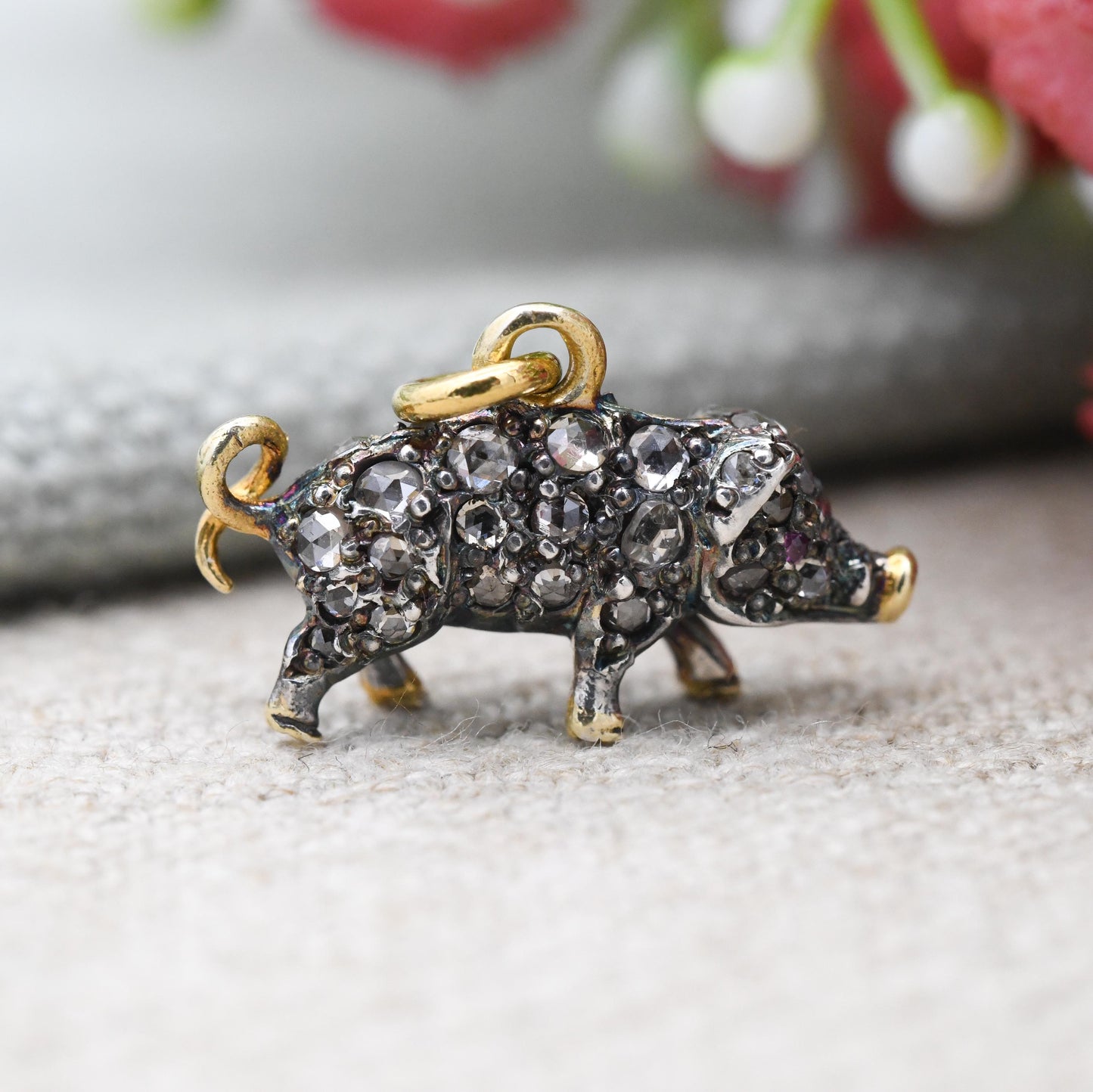 Antique Victorian Diamond and Ruby Pig Pendant Silver and Gold - Rose Cut Diamonds Ruby Eyes Animal Lucky Pig Charm Necklace Stack Gift