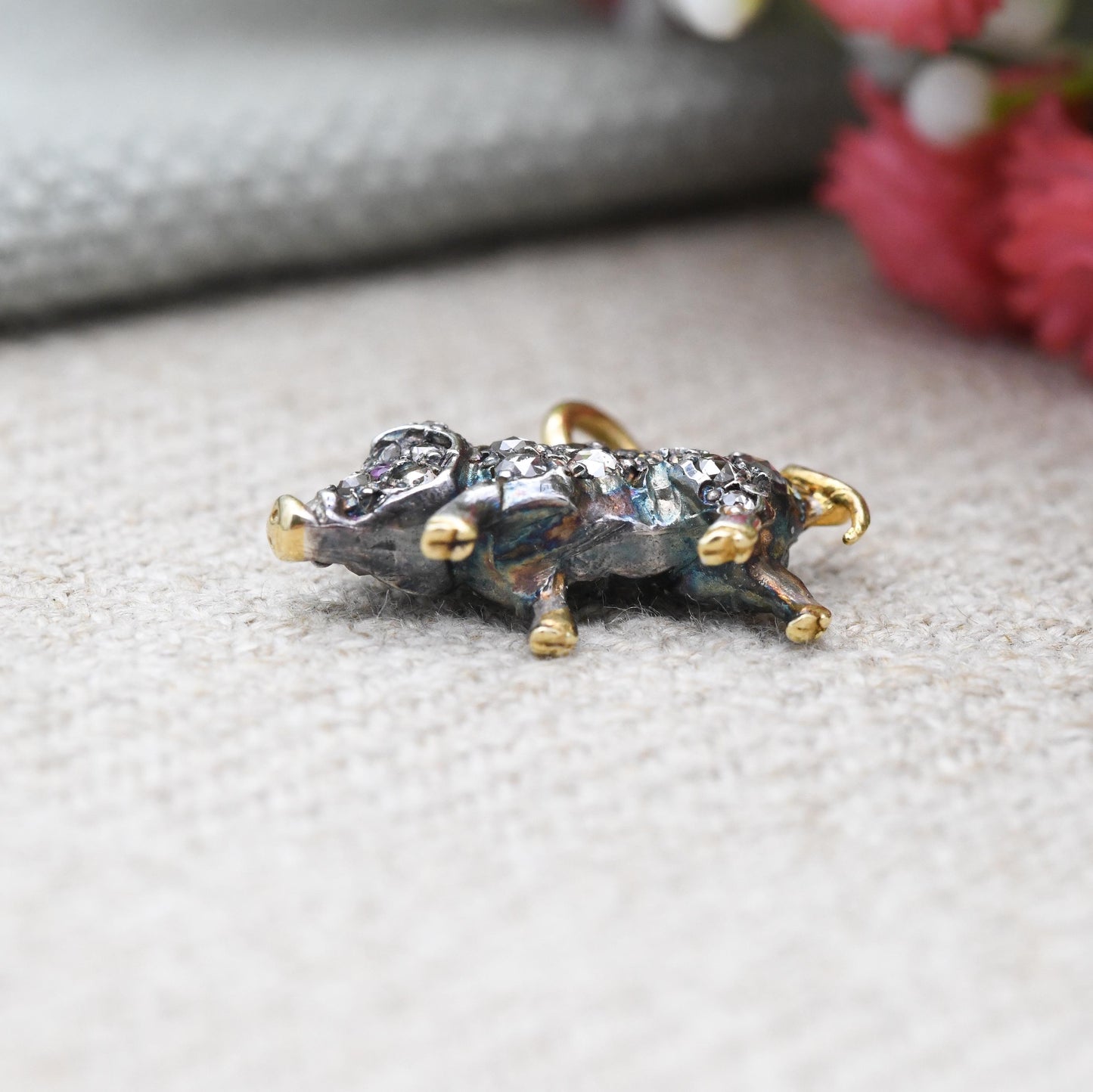 Antique Victorian Diamond and Ruby Pig Pendant Silver and Gold - Rose Cut Diamonds Ruby Eyes Animal Lucky Pig Charm Necklace Stack Gift