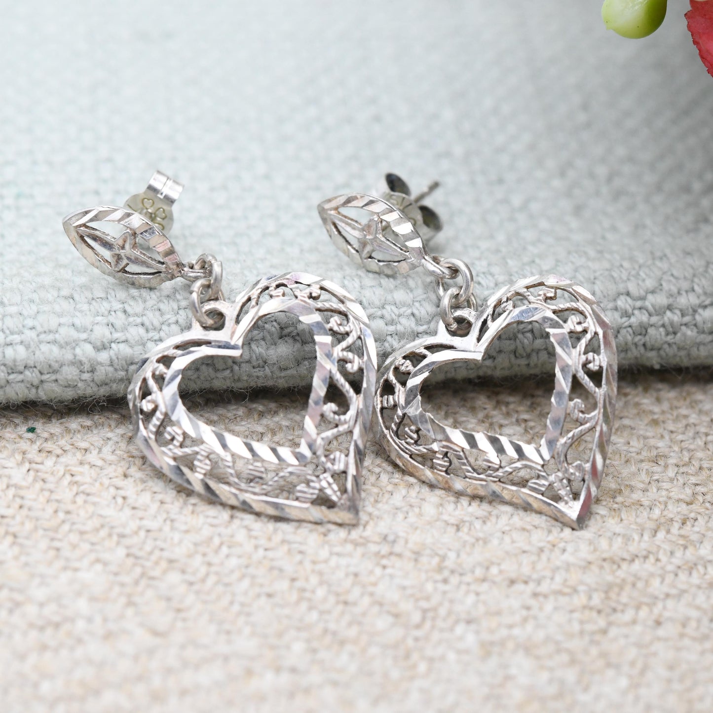 Vintage Sterling Silver Open Work Heart Drop Earrings - Love Heart Shape Filigree Hearts | Sweet Vintage Jewellery Gift for Her