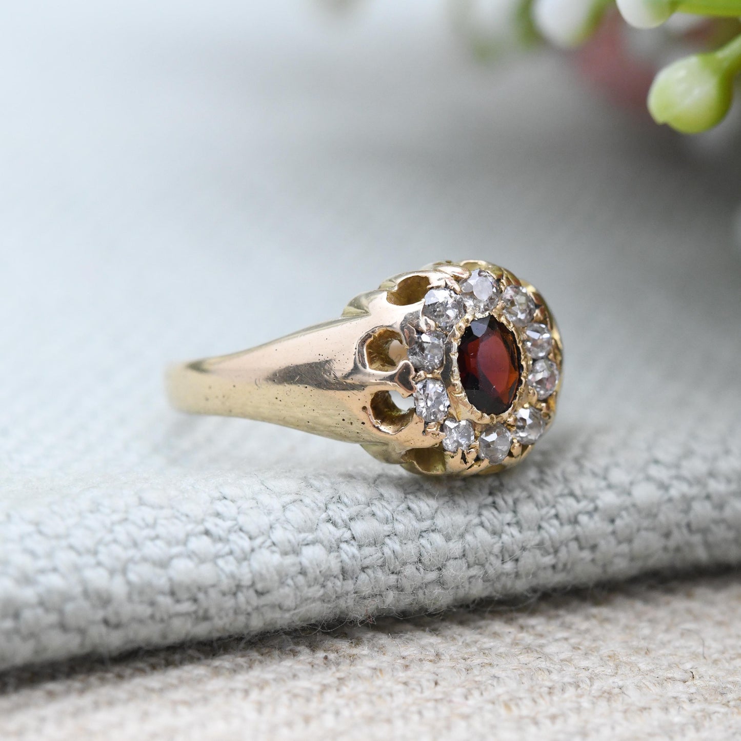 Antique 18ct Gold Garnet and Diamond Floral Halo Ring - Red White Stone Cluster Anniversary Gift Engagement | UK Size - J | US Size - 4 3/4