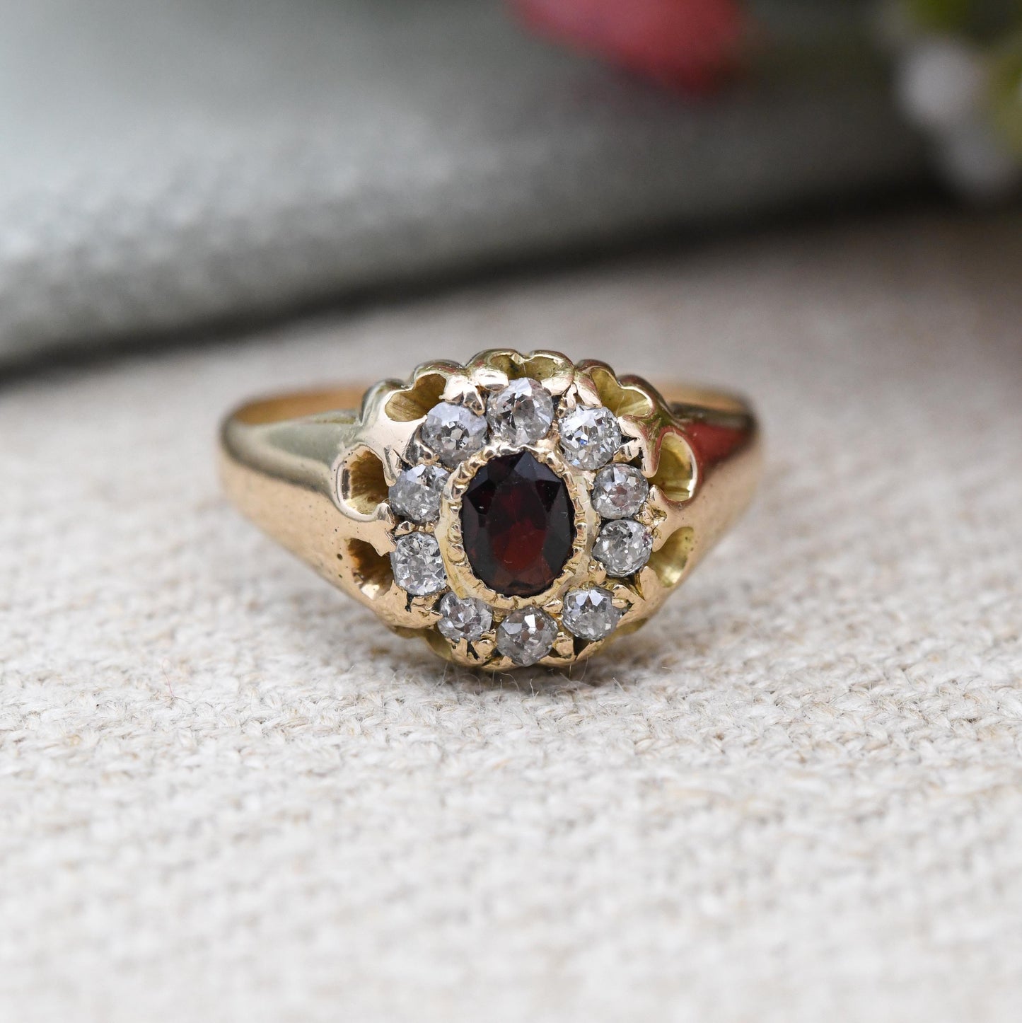 Antique 18ct Gold Garnet and Diamond Floral Halo Ring - Red White Stone Cluster Anniversary Gift Engagement | UK Size - J | US Size - 4 3/4
