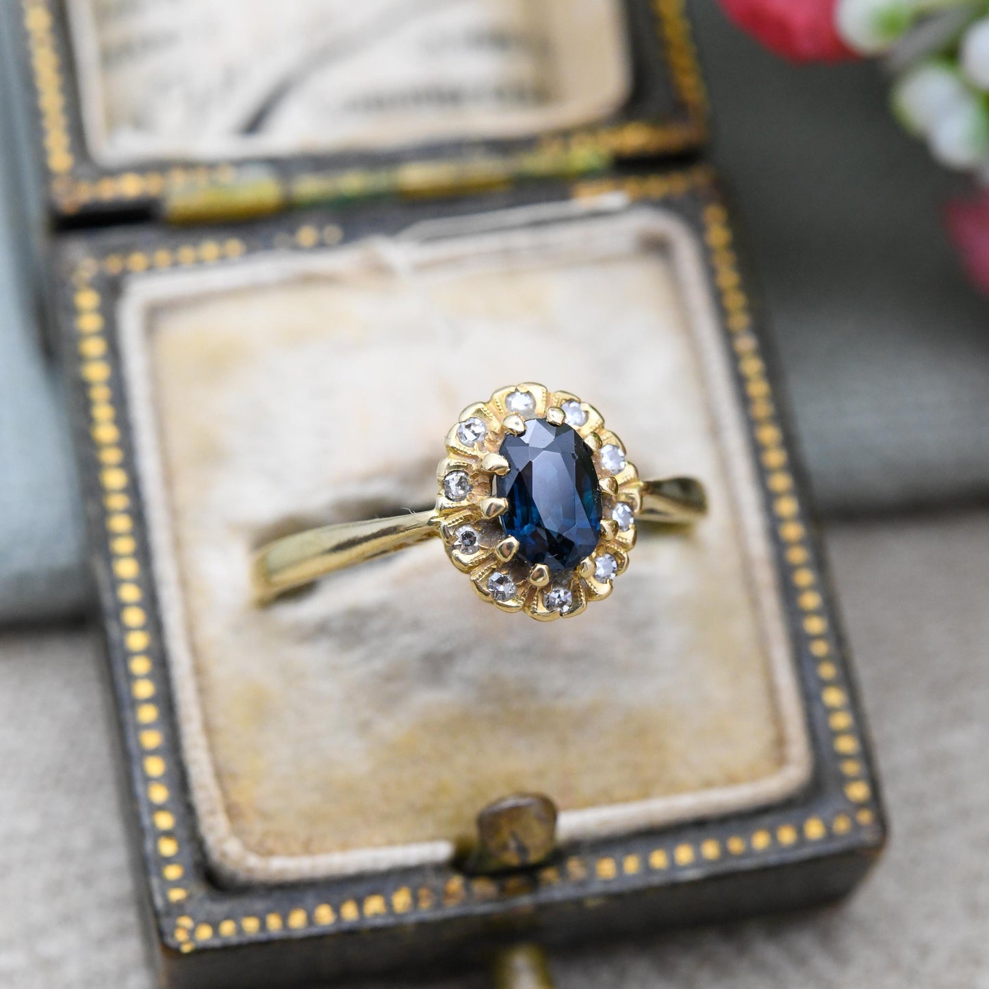 Vintage 18ct Gold Sapphire and Diamond Halo Ring 1982 - Mid-Century Cocktail Statement Ring Jewellery Gift | UK Size - P 1/2 US Size - 7 3/4