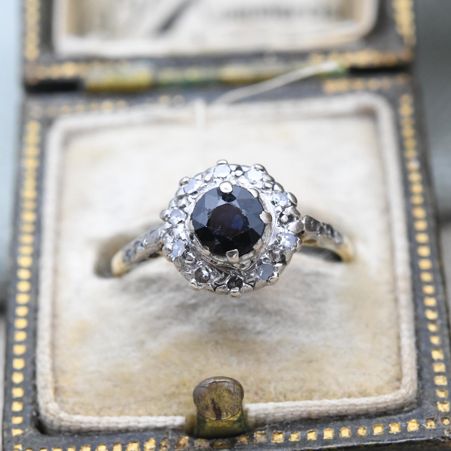 Vintage 18ct Gold Sapphire and Diamond Halo Ring 1992 with Diamond Side Stones -Blue Stone Engagement Ring | UK Size - I 1/2 US Size - 4 1/2