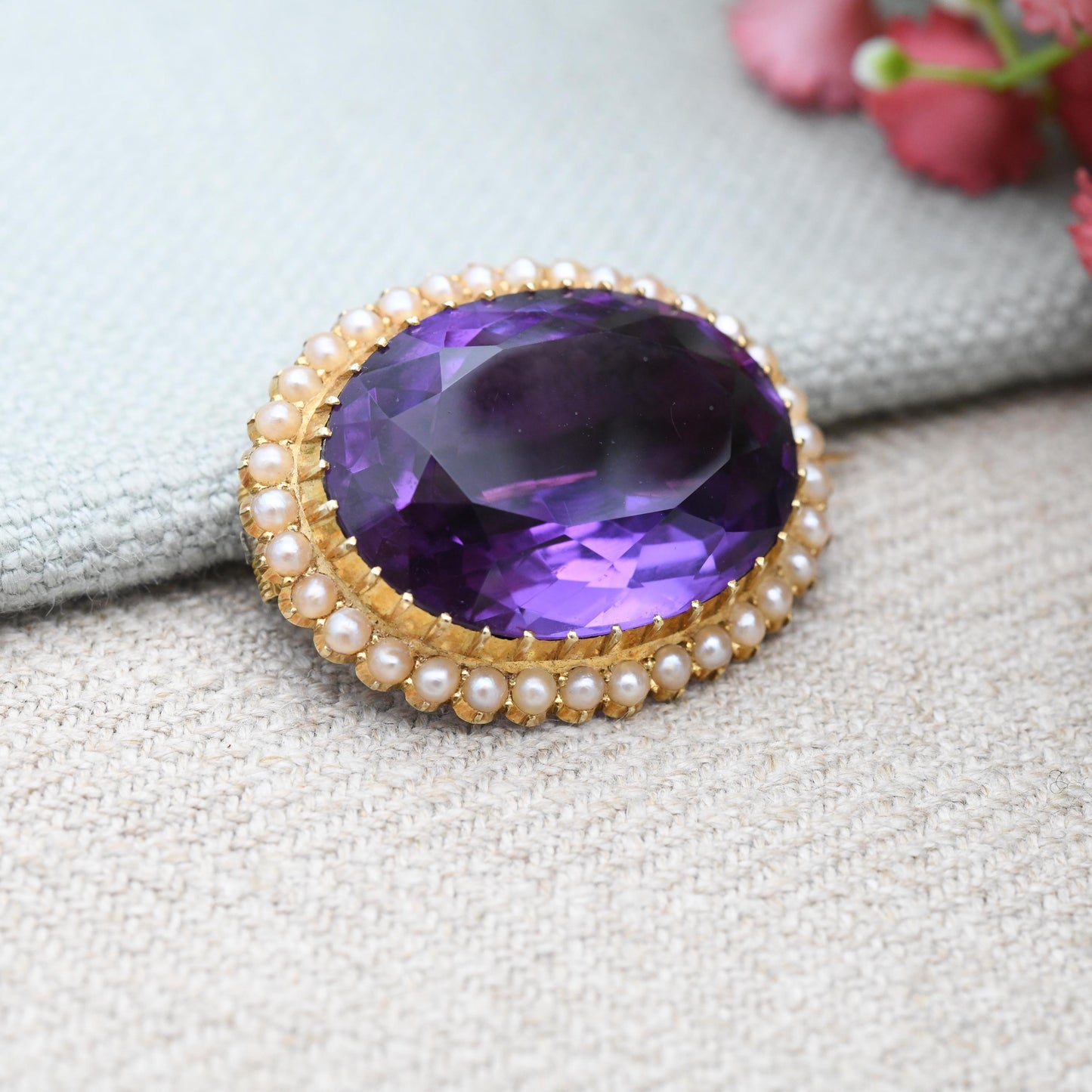 Antique Victorian 15ct Gold Amethyst and Seed Pearl Brooch - Large Faceted Purple Stone | Solid Gold Gemstone Jewellery Gift | Statement Pin