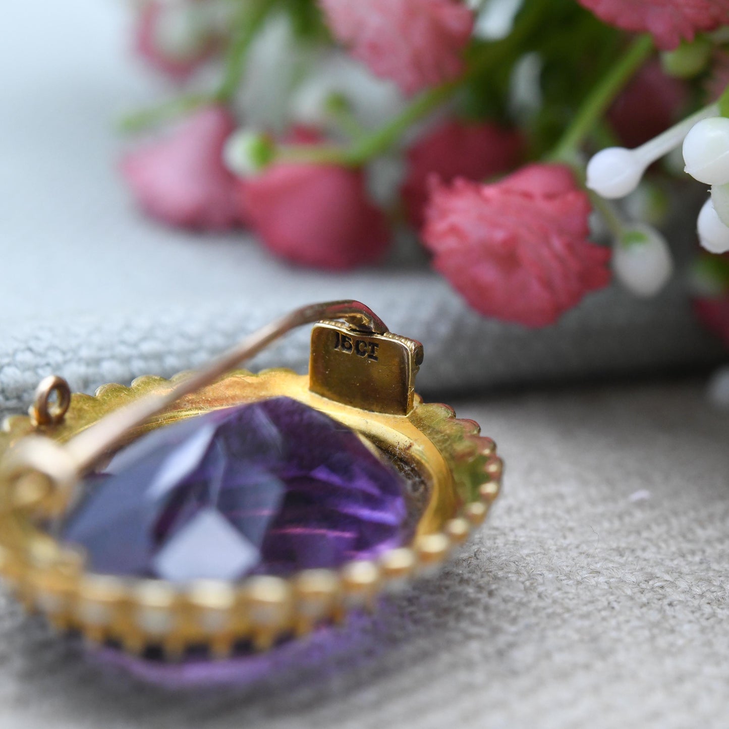 Antique Victorian 15ct Gold Amethyst and Seed Pearl Brooch - Large Faceted Purple Stone | Solid Gold Gemstone Jewellery Gift | Statement Pin