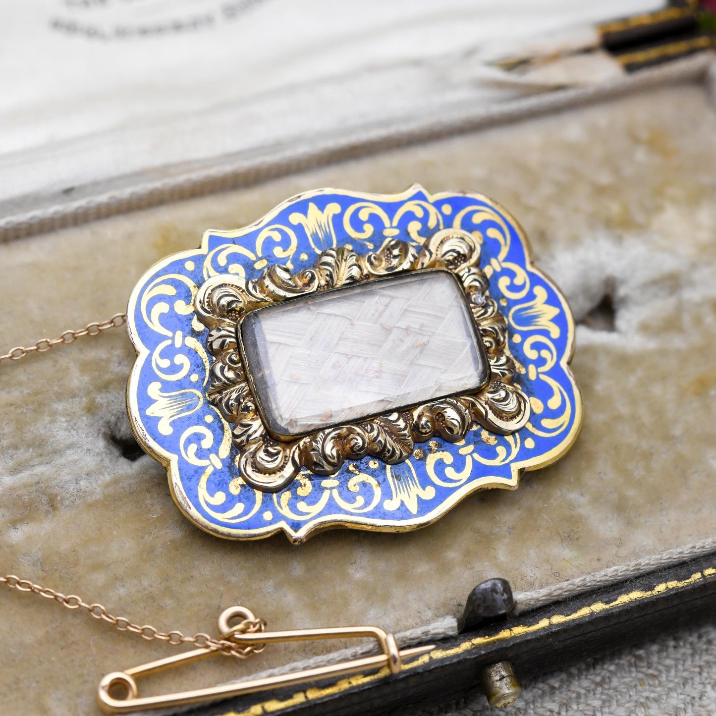 Antique Rolled Gold Hairwork Mourning Brooch with Blue Enamel - Scrolling Floral Design | Light Blue Border | Statement Victorian Jewellery