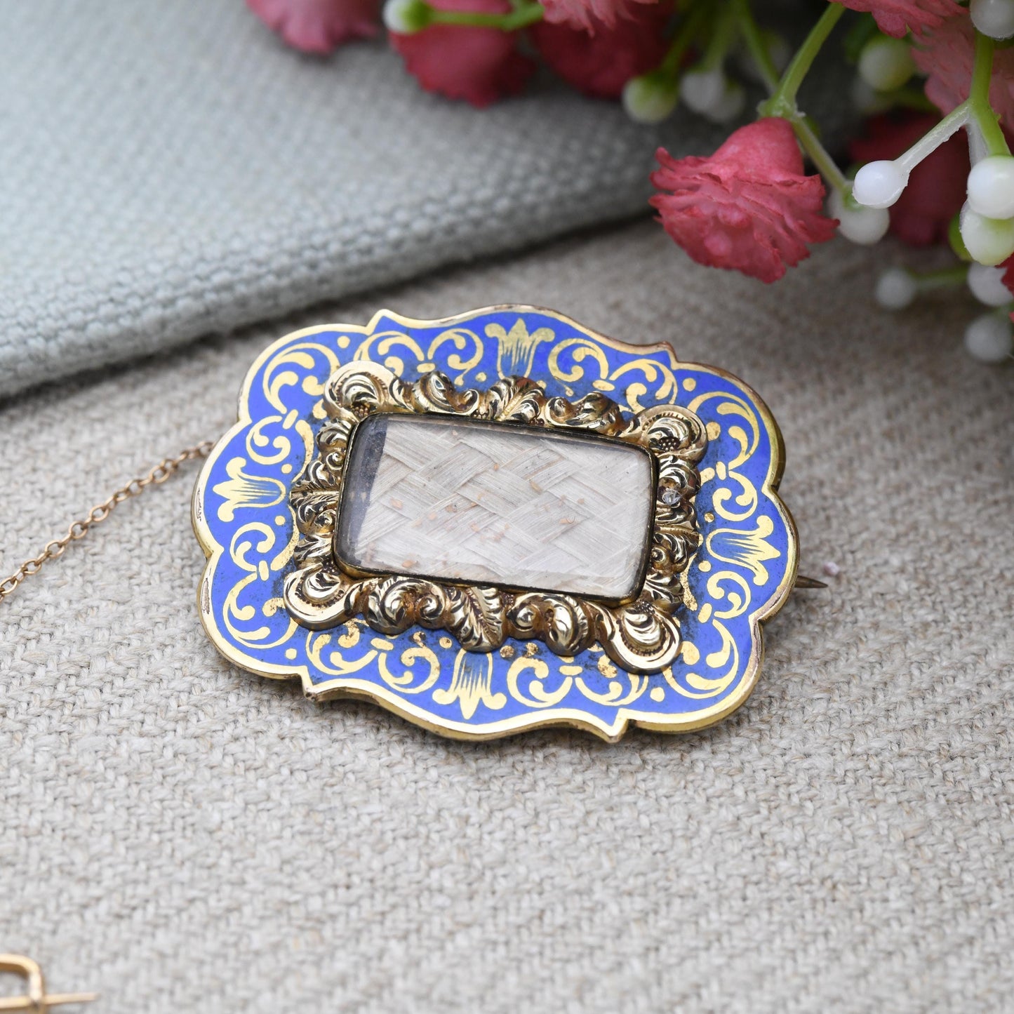 Antique Rolled Gold Hairwork Mourning Brooch with Blue Enamel - Scrolling Floral Design | Light Blue Border | Statement Victorian Jewellery