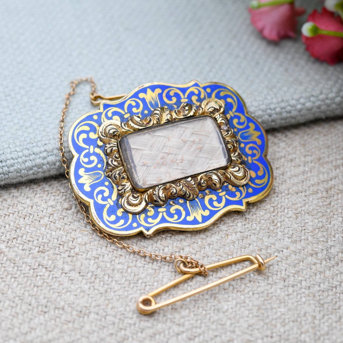 Antique Rolled Gold Hairwork Mourning Brooch with Blue Enamel - Scrolling Floral Design | Light Blue Border | Statement Victorian Jewellery