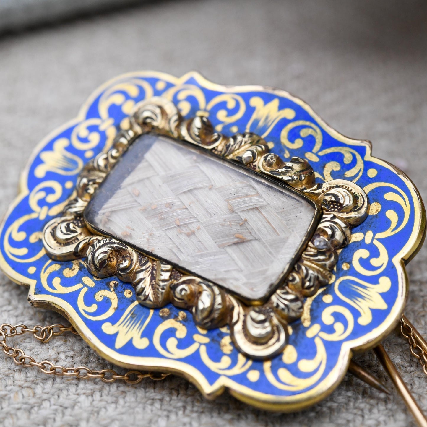 Antique Rolled Gold Hairwork Mourning Brooch with Blue Enamel - Scrolling Floral Design | Light Blue Border | Statement Victorian Jewellery