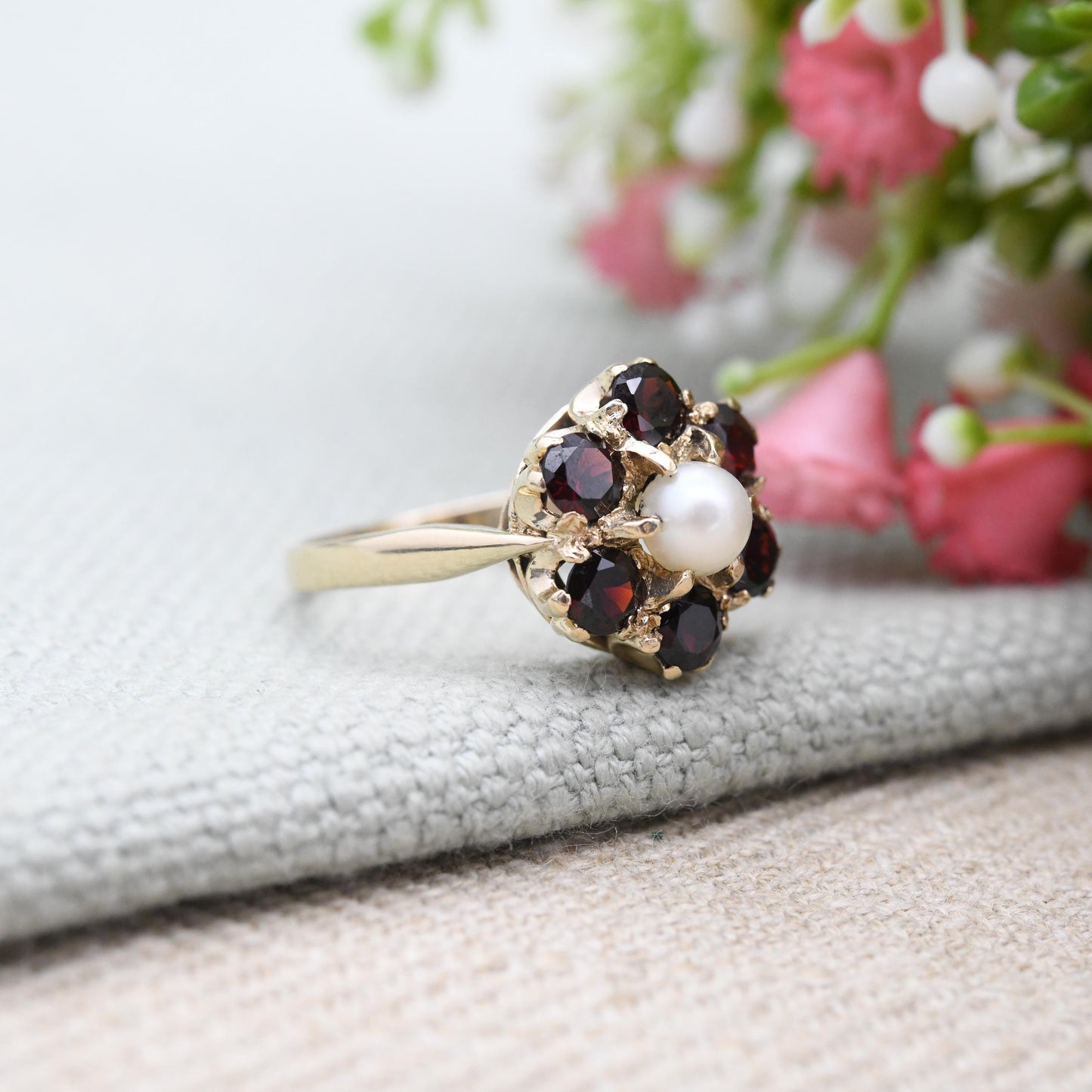 Vintage 9ct Gold Garnet Pearl Cluster Ring 1959 Slade and Kempton S&K - Mid-Century Statement Floral Ring | UK Size - O | US Size - 7 1/4