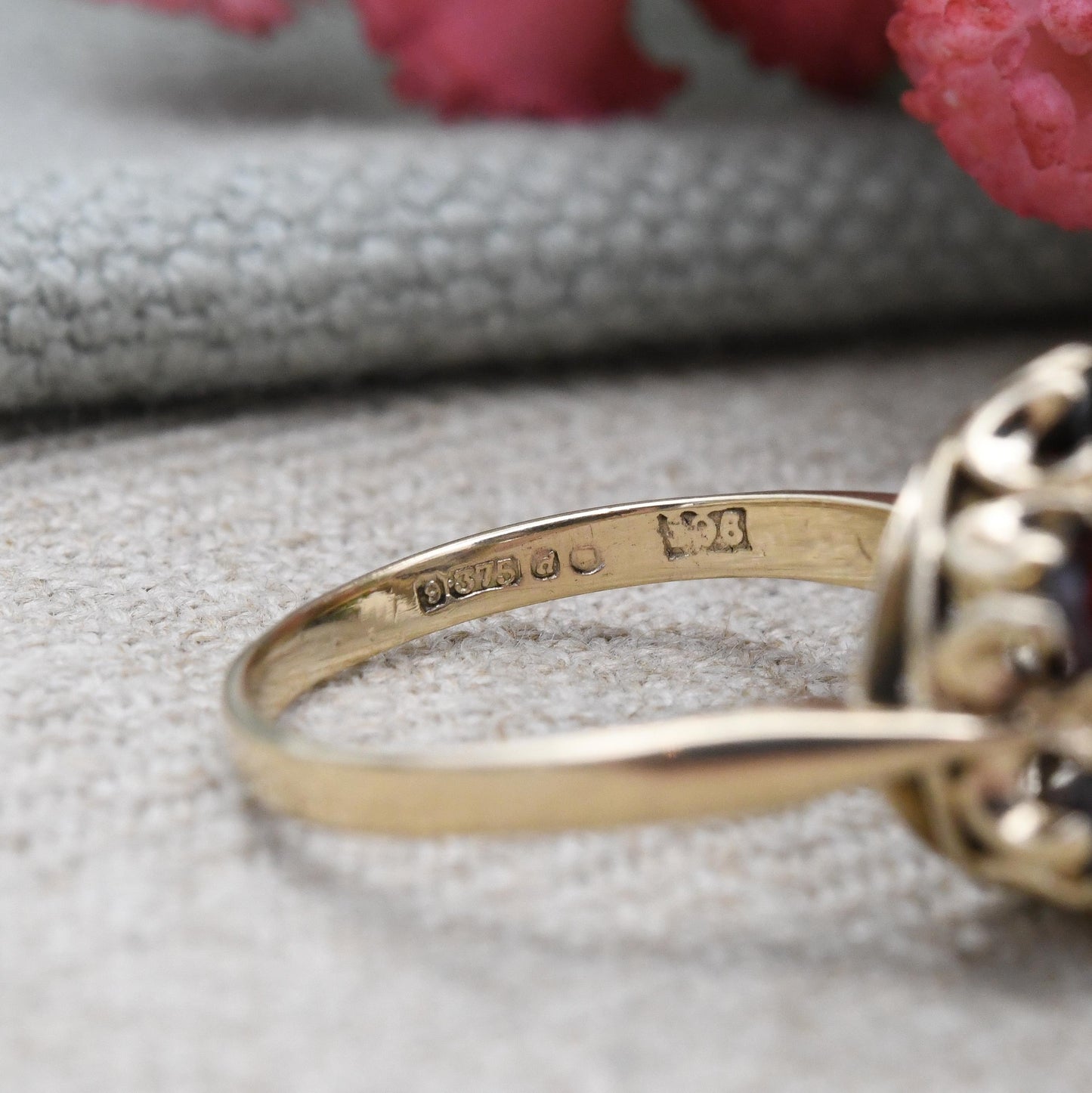 Vintage 9ct Gold Garnet Pearl Cluster Ring 1959 Slade and Kempton S&K - Mid-Century Statement Floral Ring | UK Size - O | US Size - 7 1/4