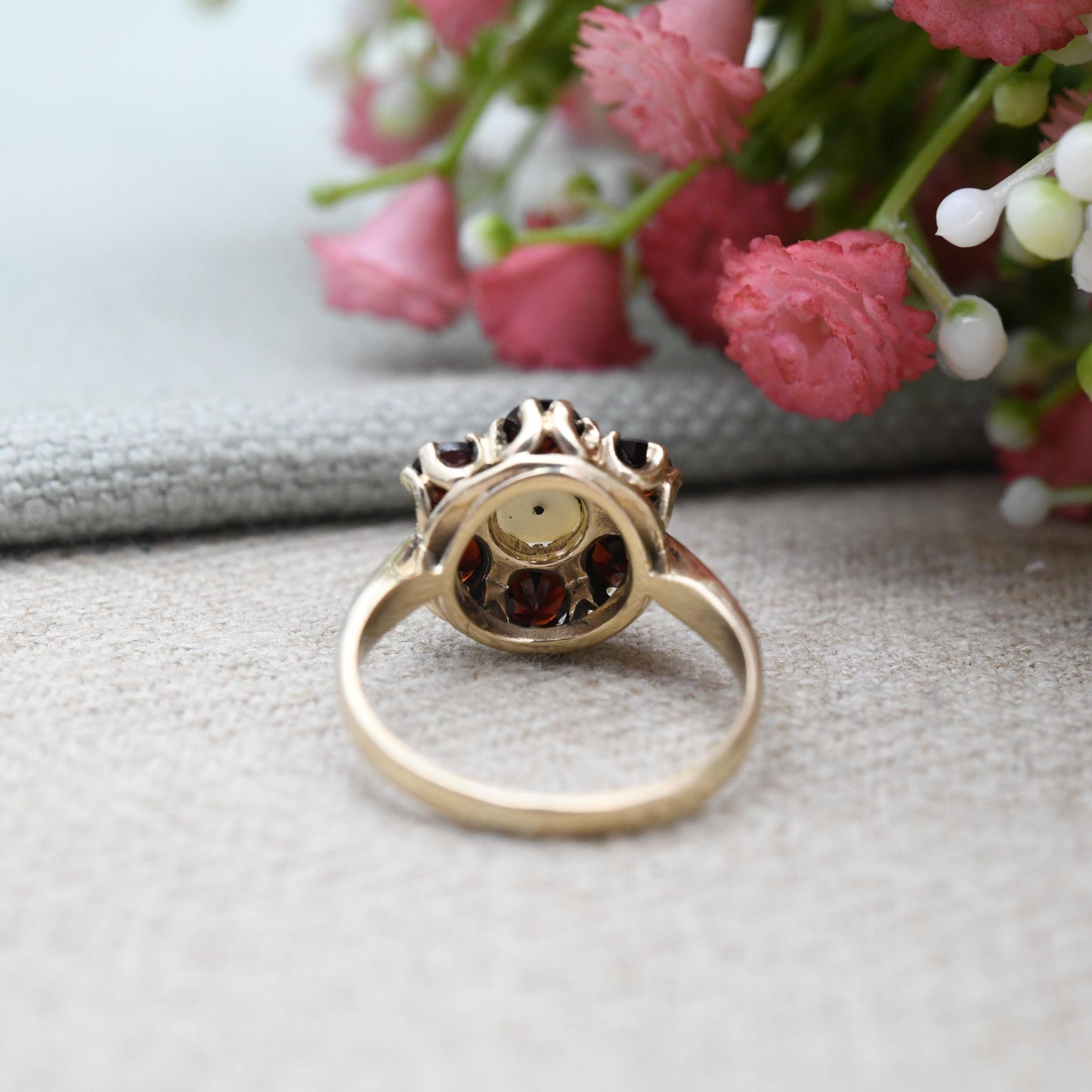 Vintage 9ct Gold Garnet Pearl Cluster Ring 1959 Slade and Kempton S&K - Mid-Century Statement Floral Ring | UK Size - O | US Size - 7 1/4