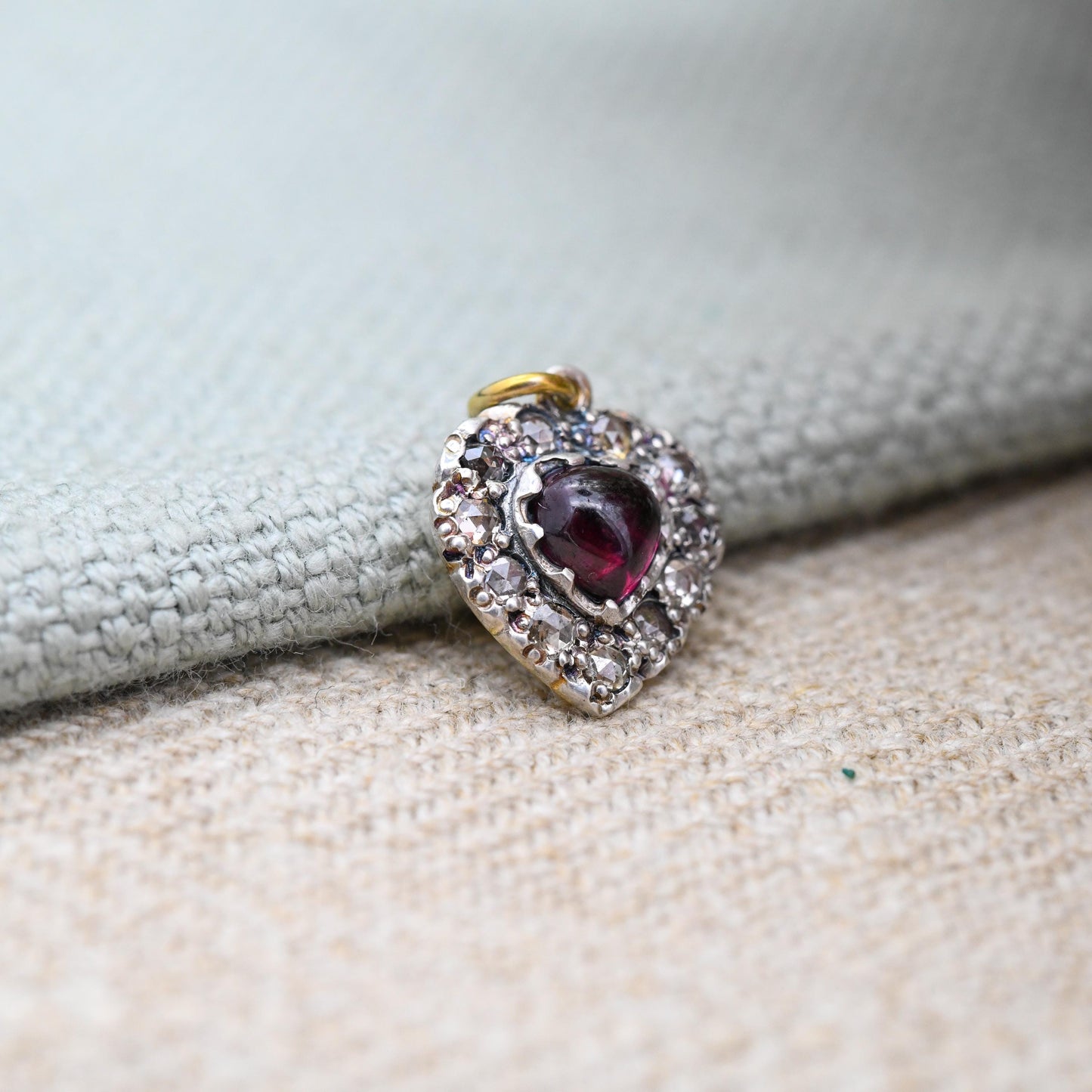 Antique Victorian Diamond and Garnet Heart Pendant Silver and Gold - Rose Cut Diamonds Cabochon Garnet Love Heart Charm Necklace Stack Gift