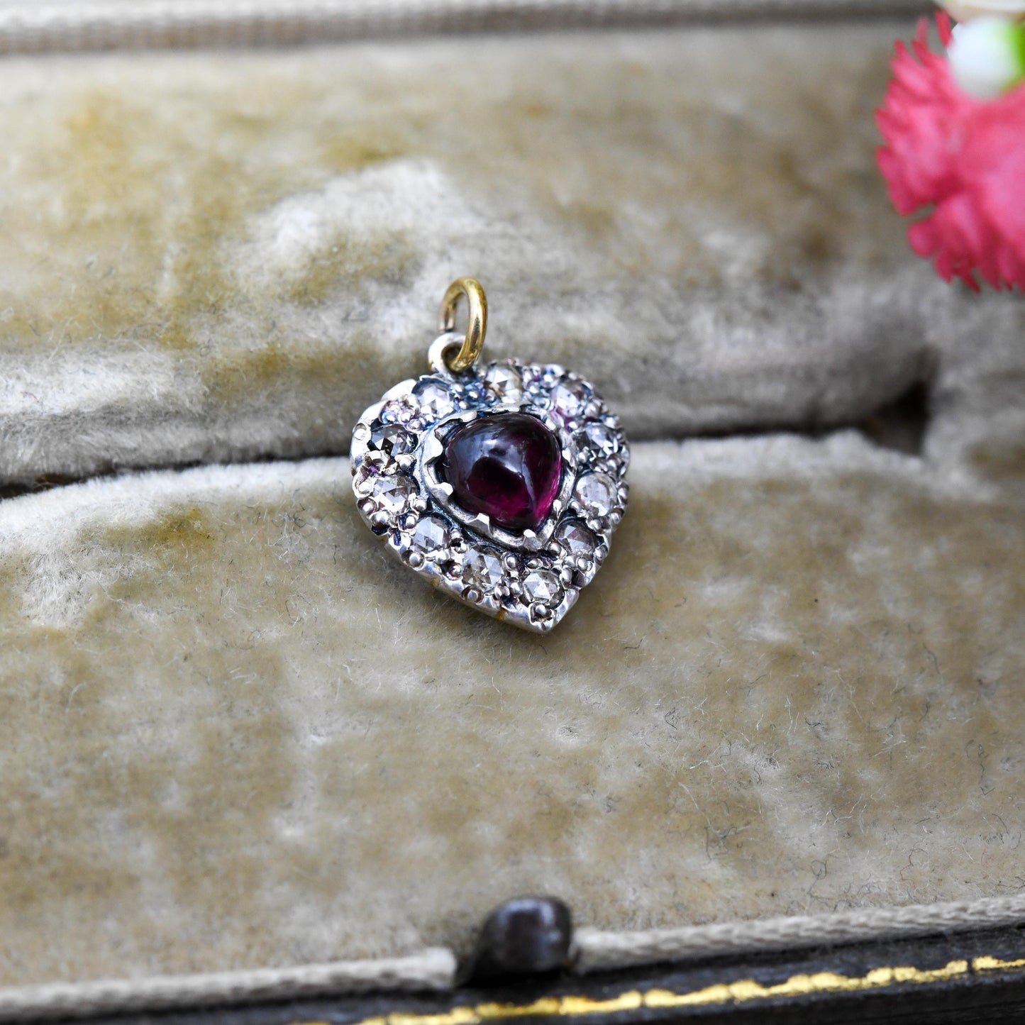 Antique Victorian Diamond and Garnet Heart Pendant Silver and Gold - Rose Cut Diamonds Cabochon Garnet Love Heart Charm Necklace Stack Gift