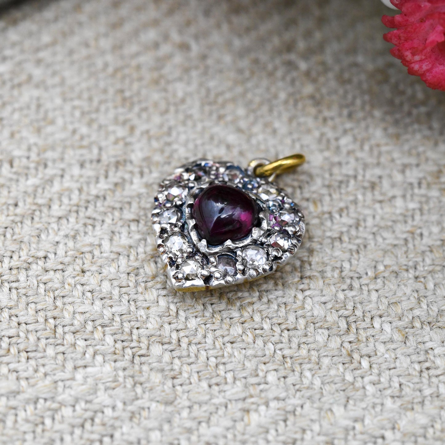 Antique Victorian Diamond and Garnet Heart Pendant Silver and Gold - Rose Cut Diamonds Cabochon Garnet Love Heart Charm Necklace Stack Gift