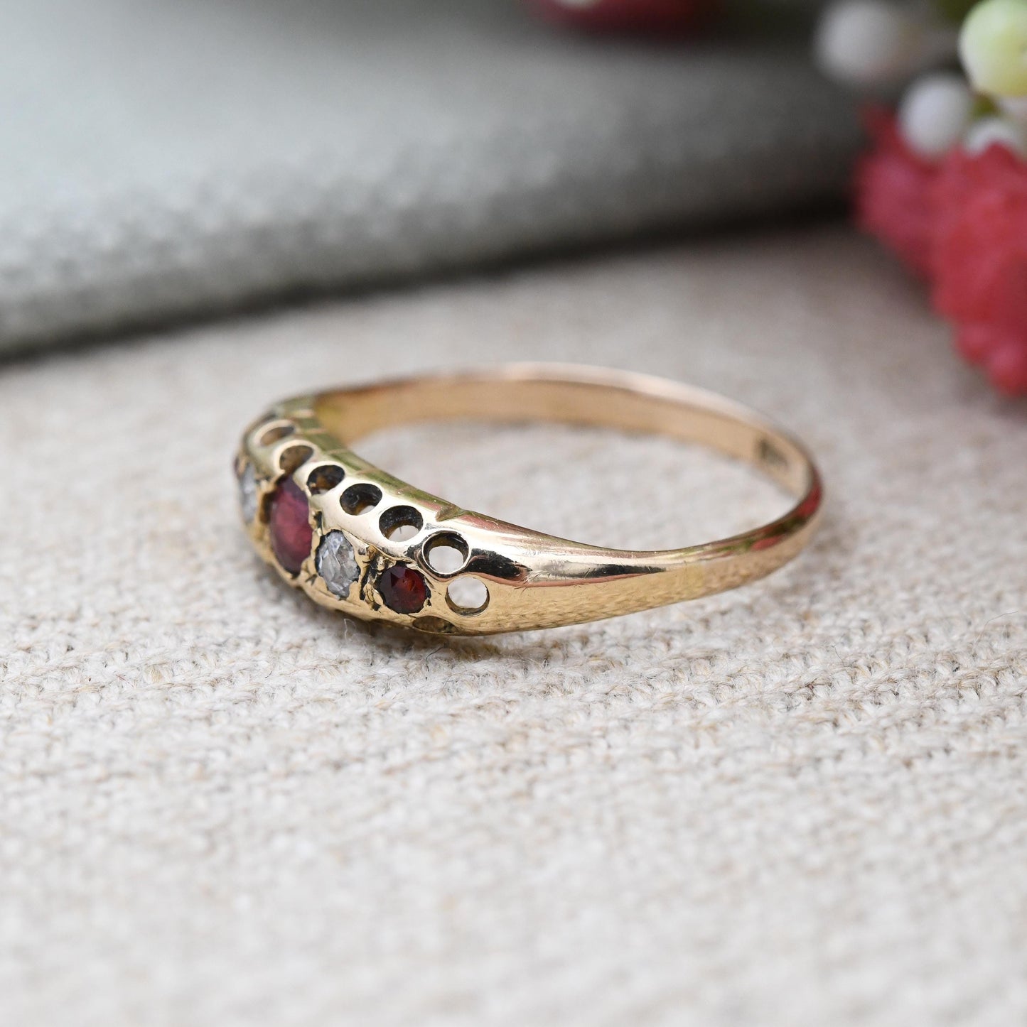 Antique 18ct Gold Boat Ring with Diamonds and Red Stones c. 1900 - Pretty Five Stone Ring | Anniversary Gift | UK Size - M | US Size - 6 1/4