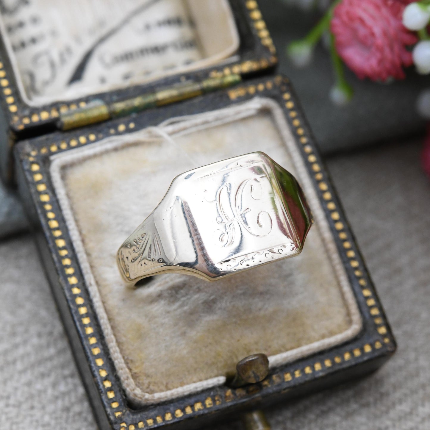 Vintage 9ct Gold Signet Ring 1960 Engraved Letter H by Charles Green and Son CG&S - Personalised Initial Yellow | UK Size - Q | US Size - 8