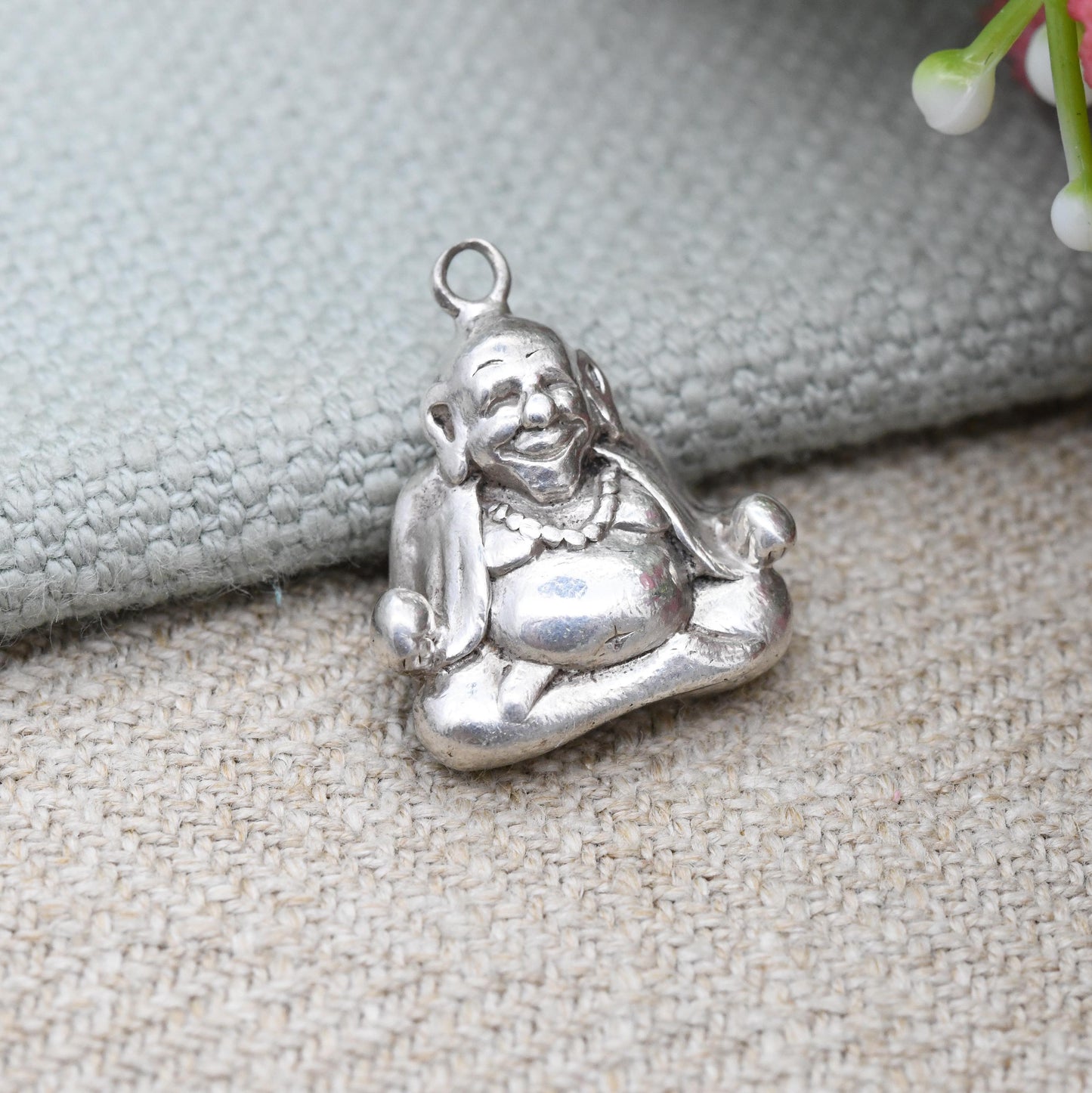 Vintage Sterling Silver Laughing Buddha Pendant Hotei - Repoussé Silver 3D | Good Luck Charm Symbol of Fortune | for Charm Necklace