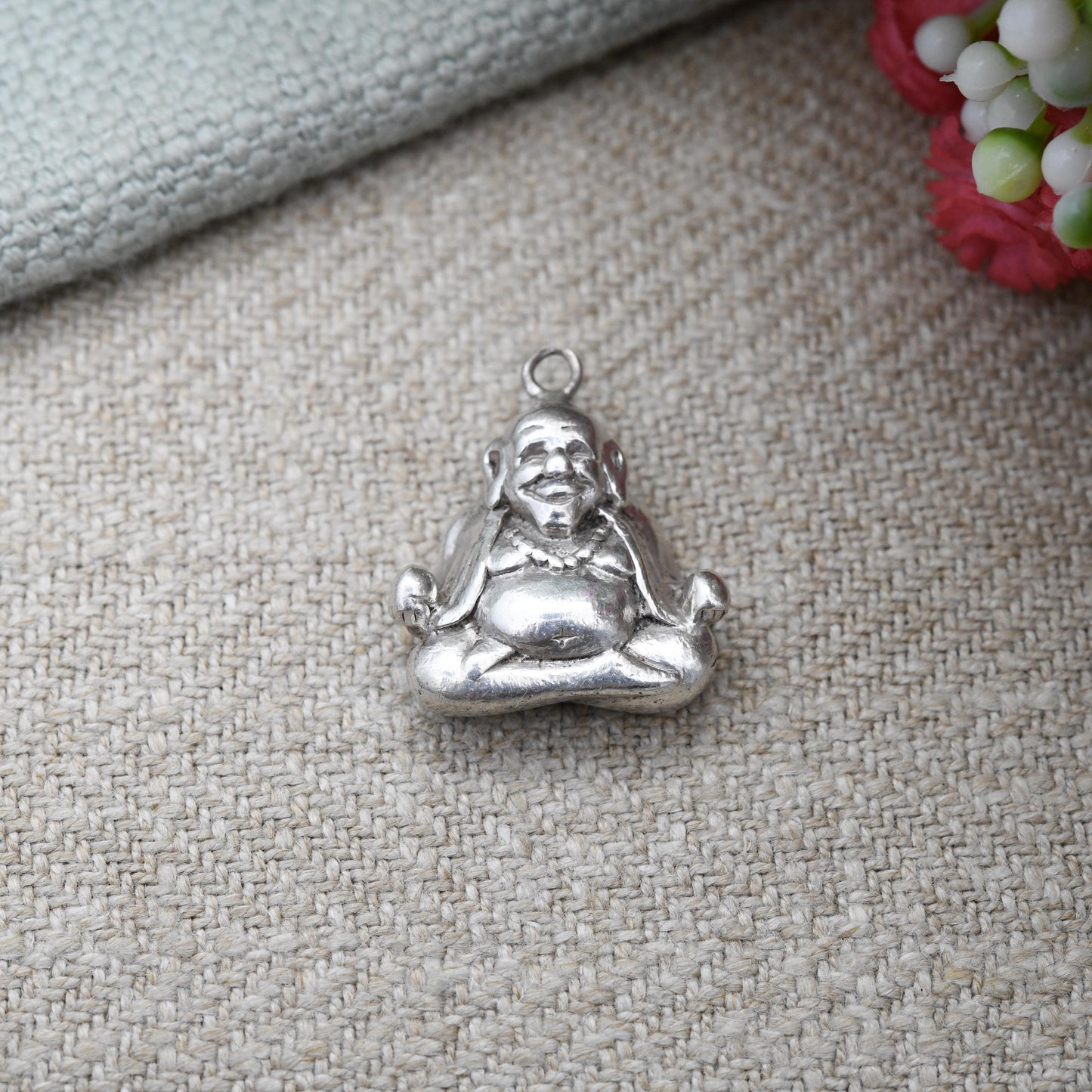 Vintage Sterling Silver Laughing Buddha Pendant Hotei - Repoussé Silver 3D | Good Luck Charm Symbol of Fortune | for Charm Necklace