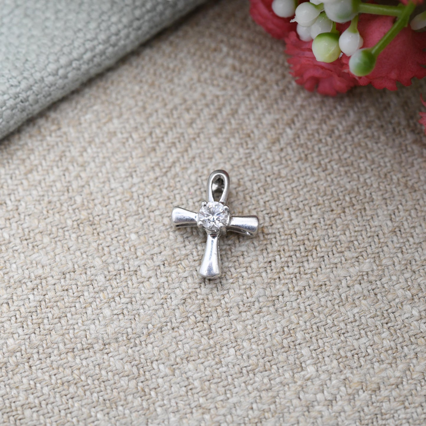 Vintage Sterling Silver Cross Pendant with Clear CZ Stone - Sweet Christening Baptism Jewellery Gift Present Christian Charm for Necklace