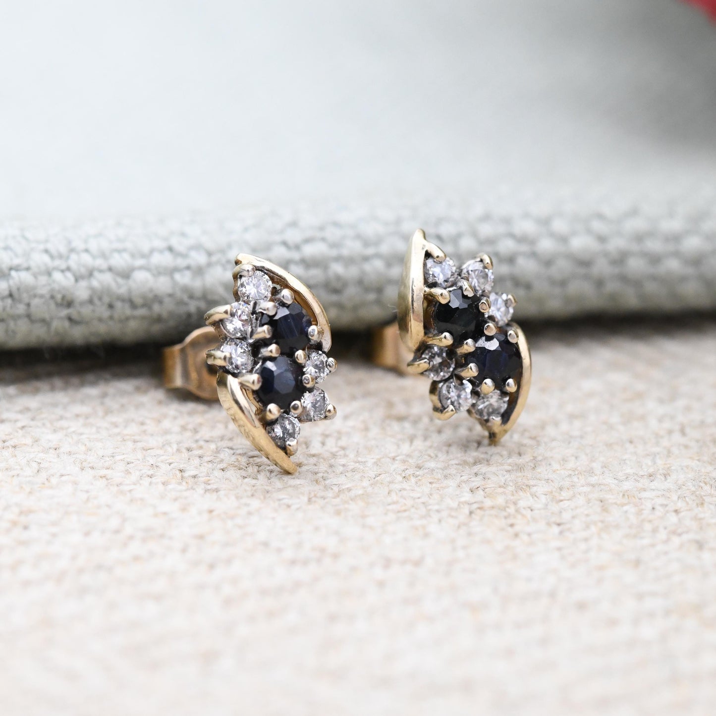 Vintage 9ct Gold Sapphire and Clear Stone Stud Earrings c. 1980s - Blue Gemstone Cluster Studs with Butterfly Backs | Solid Yellow Gold