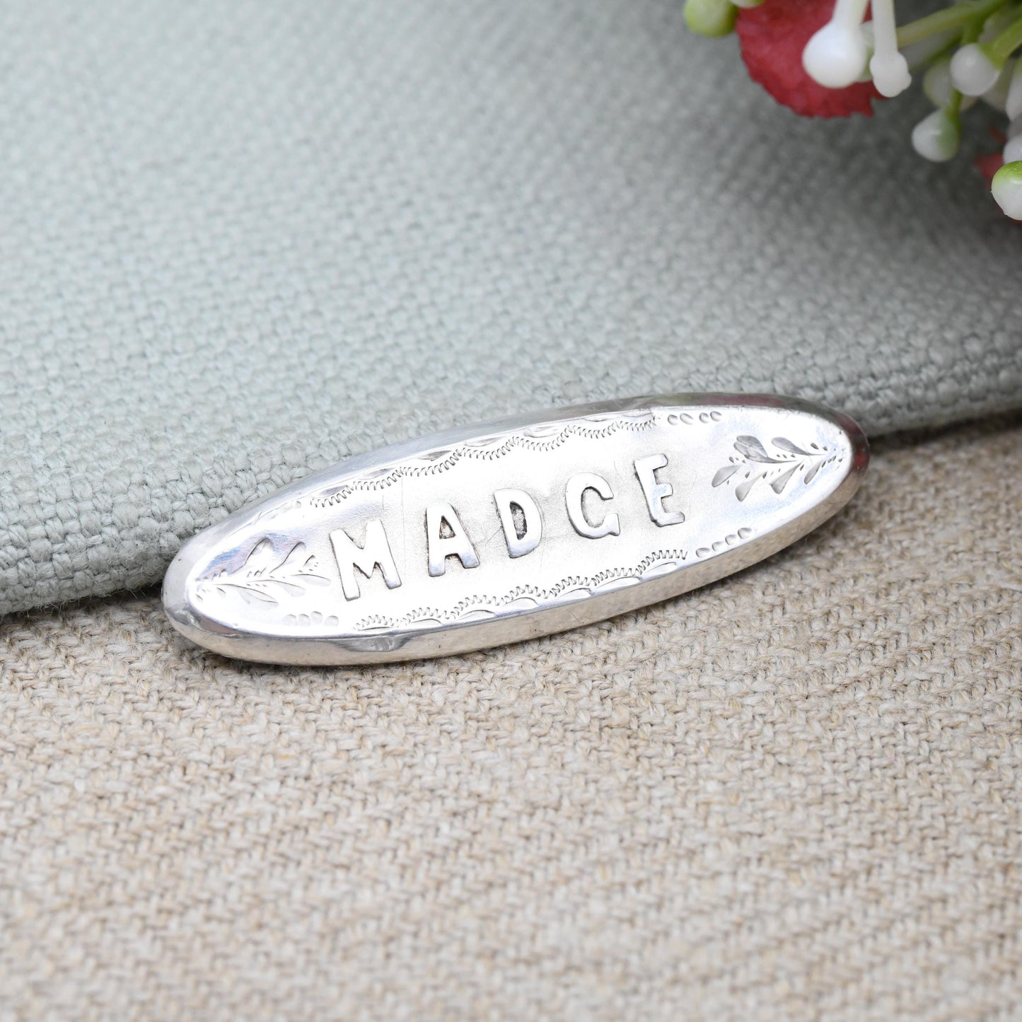 Antique Sterling Silver Madge Name Brooch 1904 Edwardian by Ward Brothers WBs - Personalised Sentimental Name Jewellery | Chester Hallmarks